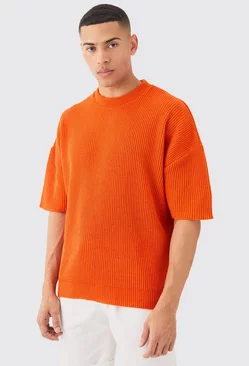 Oversized Ribbed Knit T-shirt Orange