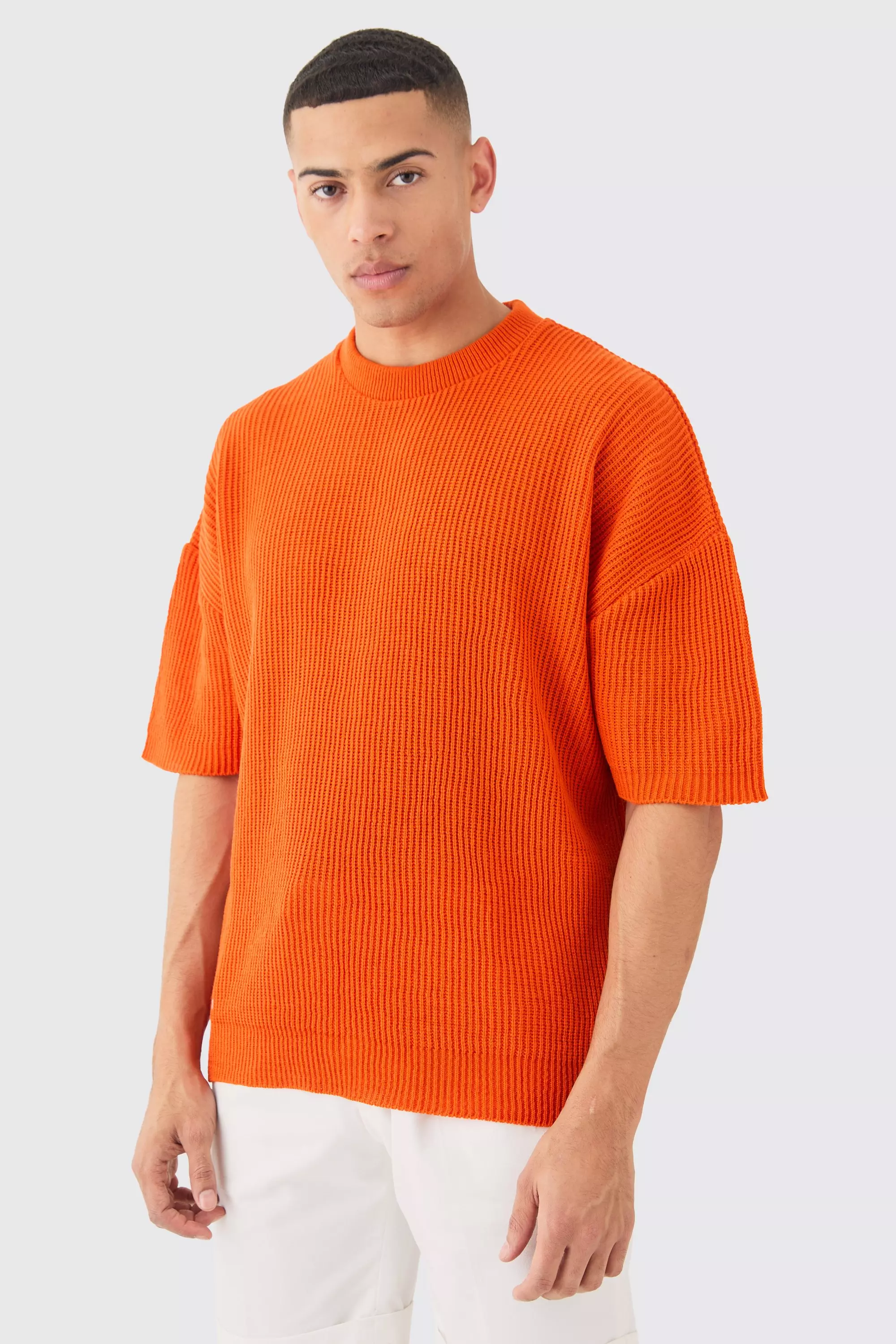 Oversized Ribbed Knit T-shirt Orange