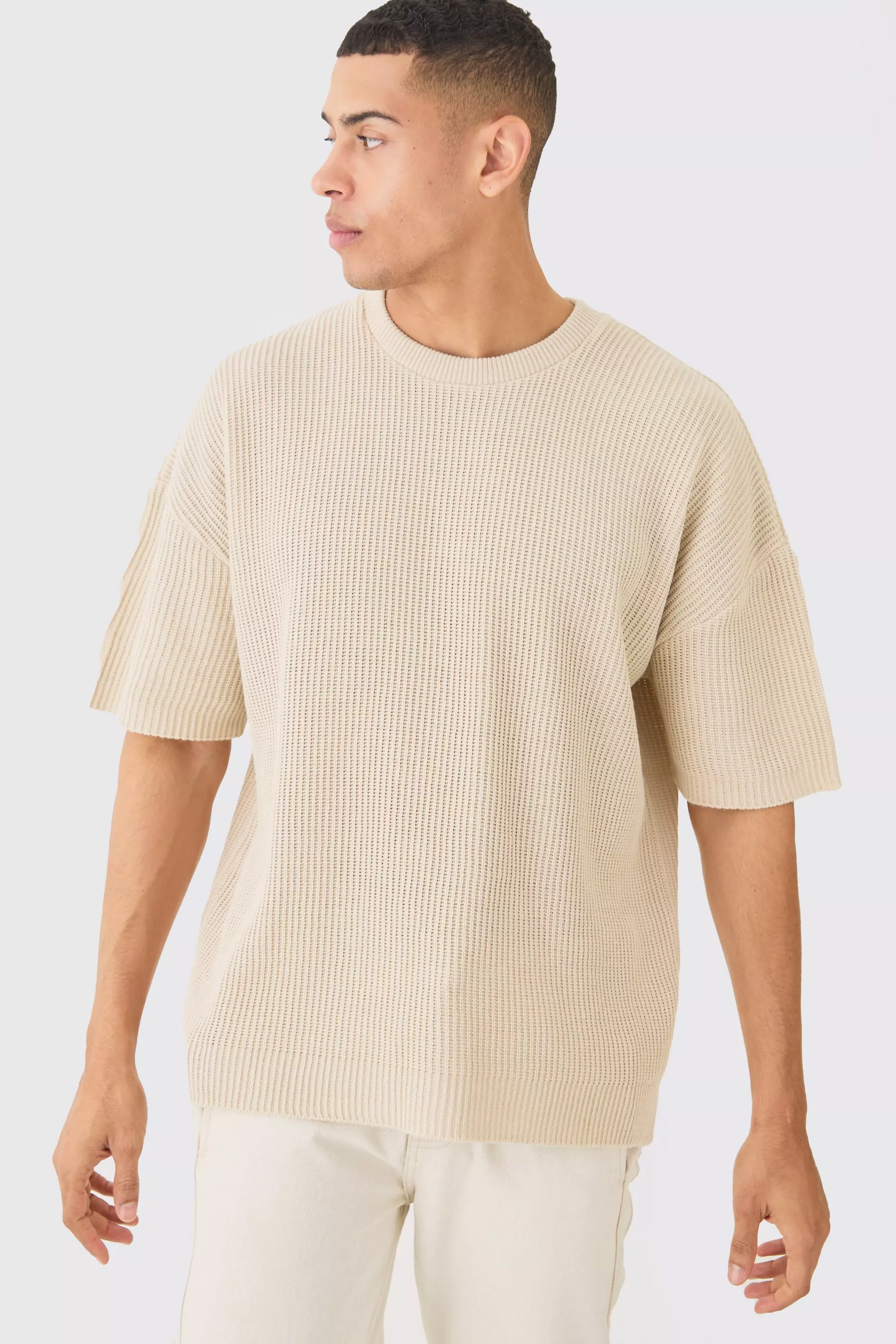 Oversized Ribbed Knit T-shirt Stone