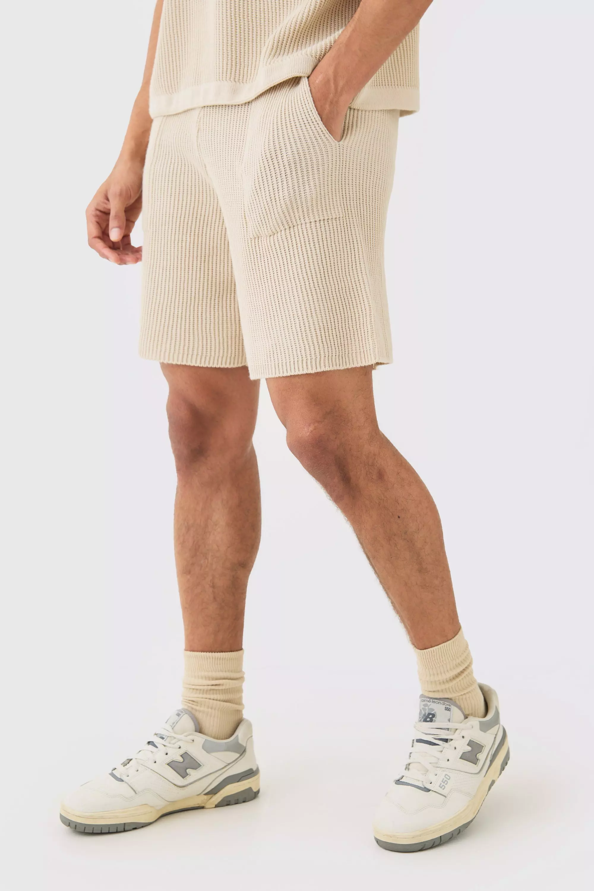 Stone Beige Relaxed Mid Length Ribbed Knit Short