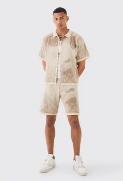 Boxy Line Drawing Knitted T-shirt And Short Set Stone