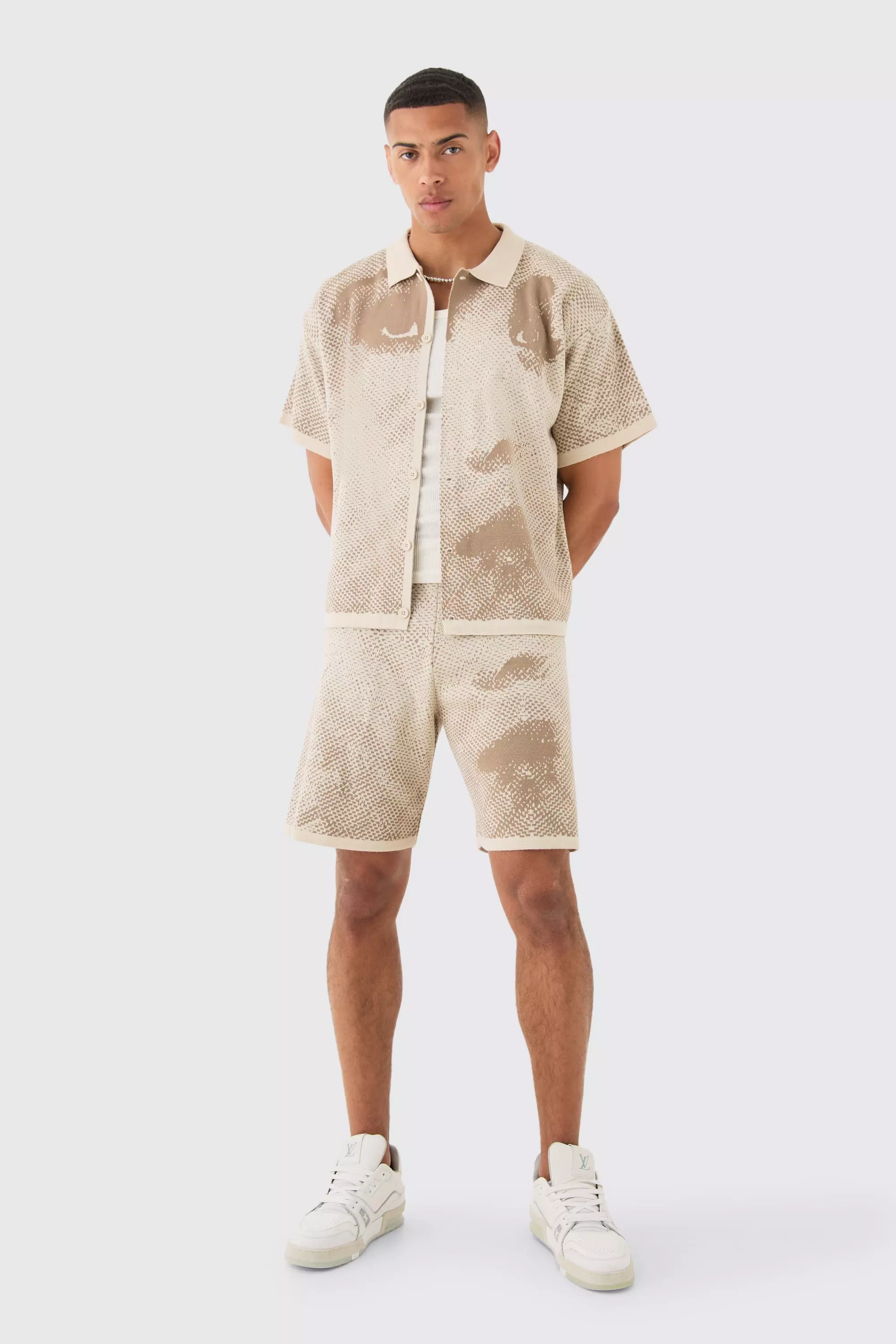 Stone Beige Boxy Line Drawing Knitted T-shirt And Short Set