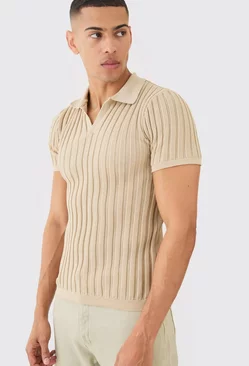 Muscle Fit Revere Ribbed Knit Polo Stone