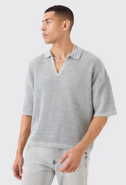Grey Boxy Short Sleeve Ribbed Knit Polo