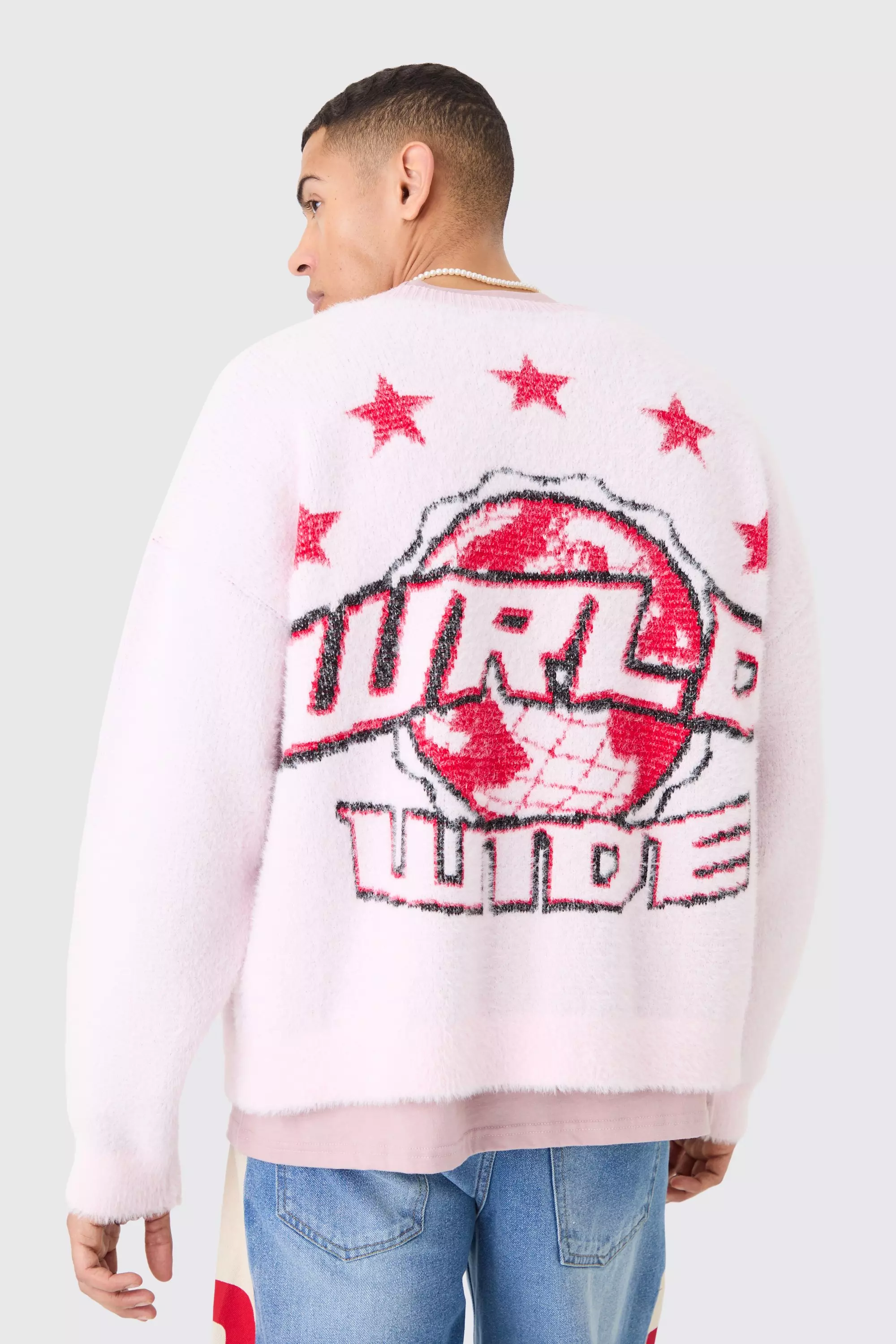 Pink Oversized Boxy Brushed Varsity Knit Cardigan