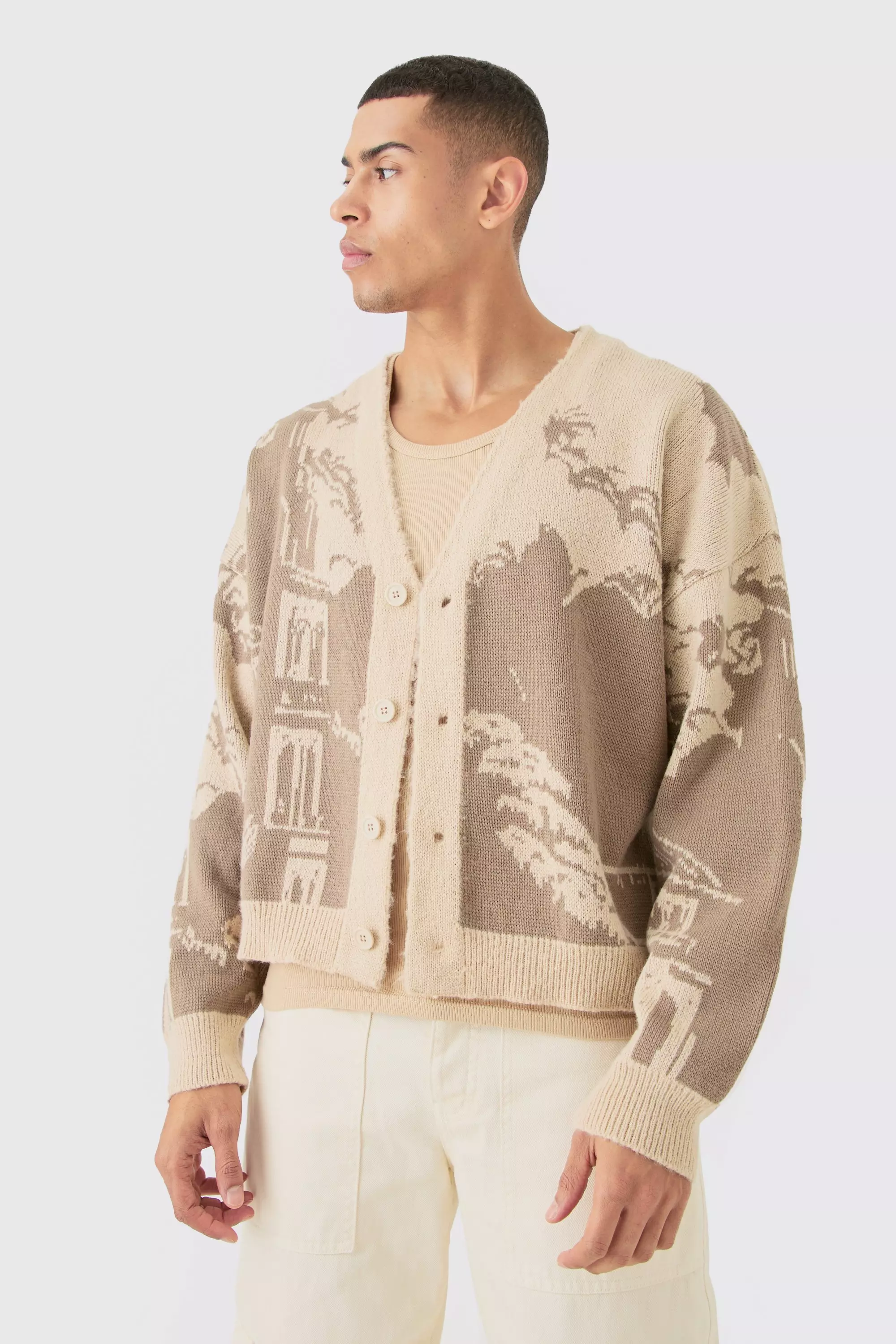 Boxy Oversized Brushed Tonal Scenic Cardigan Stone