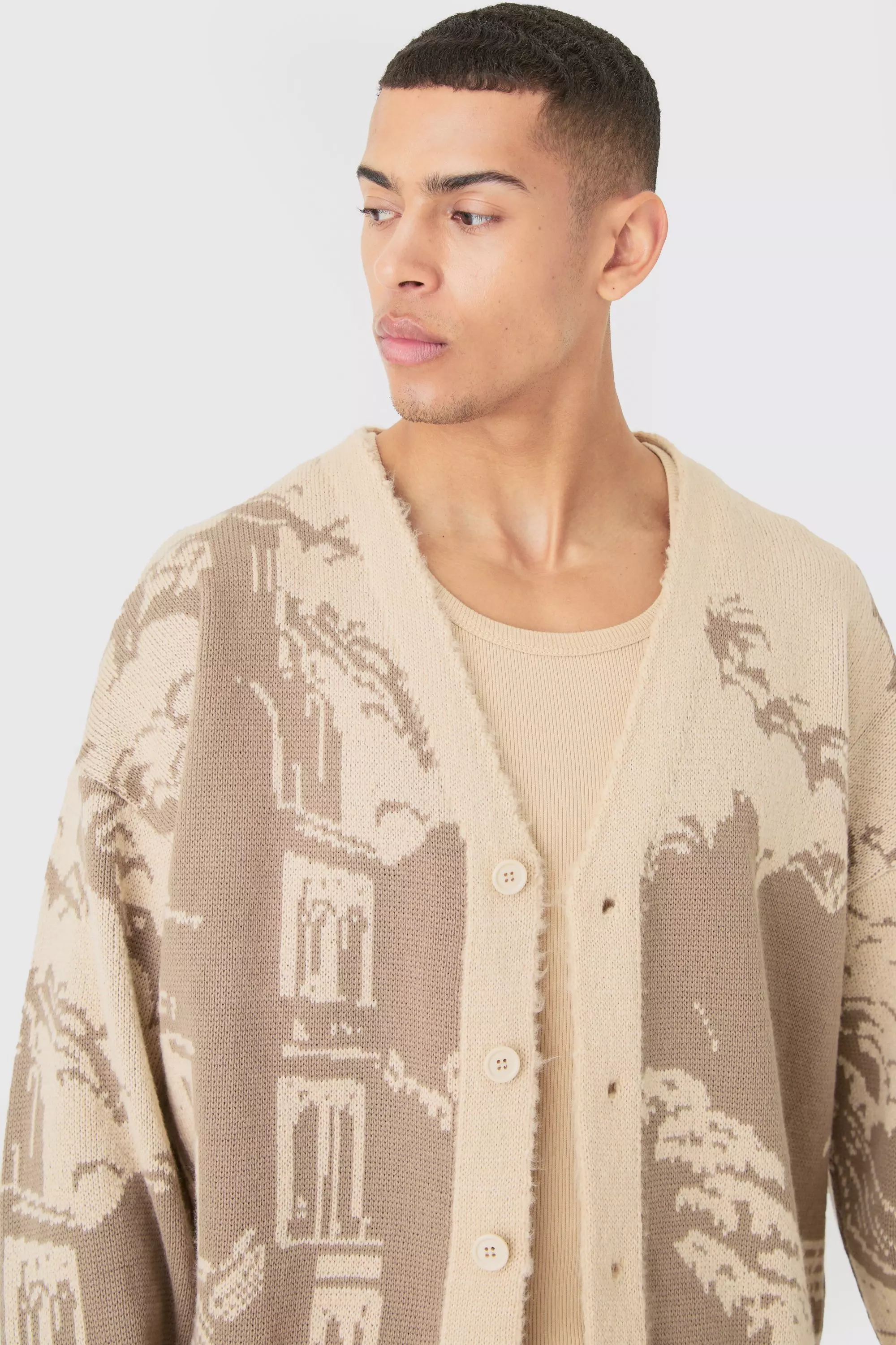 Stone Boxy Oversized Brushed Tonal Scenic Cardigan alternative image