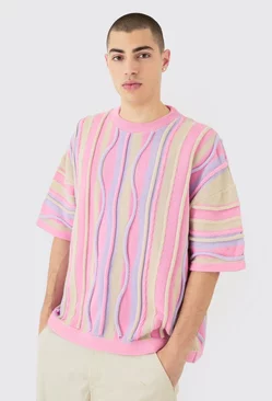 Pink Oversized 3d Jacquard Knit T-shirt