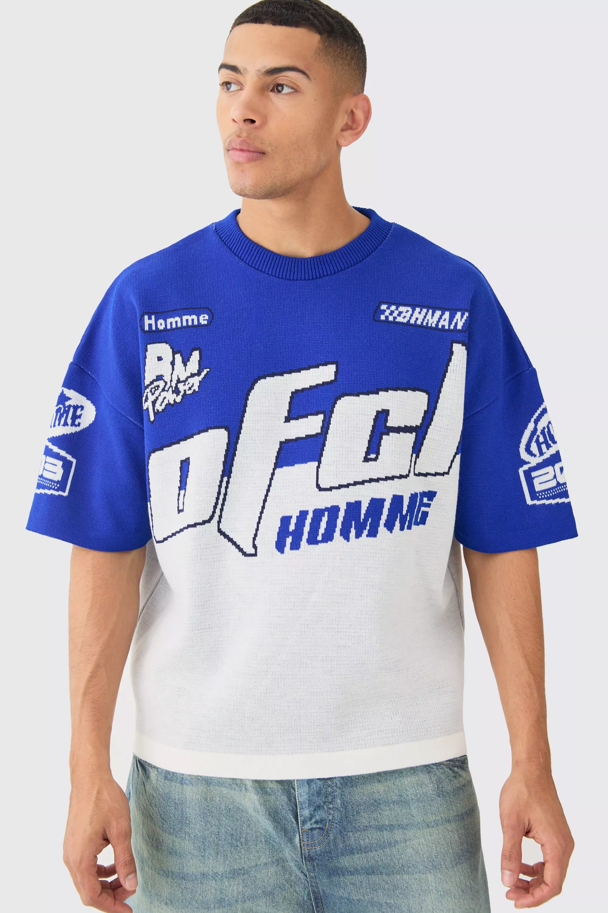 Cobalt Oversized Gebreid Moto T-Shirt alternatieve afbeelding