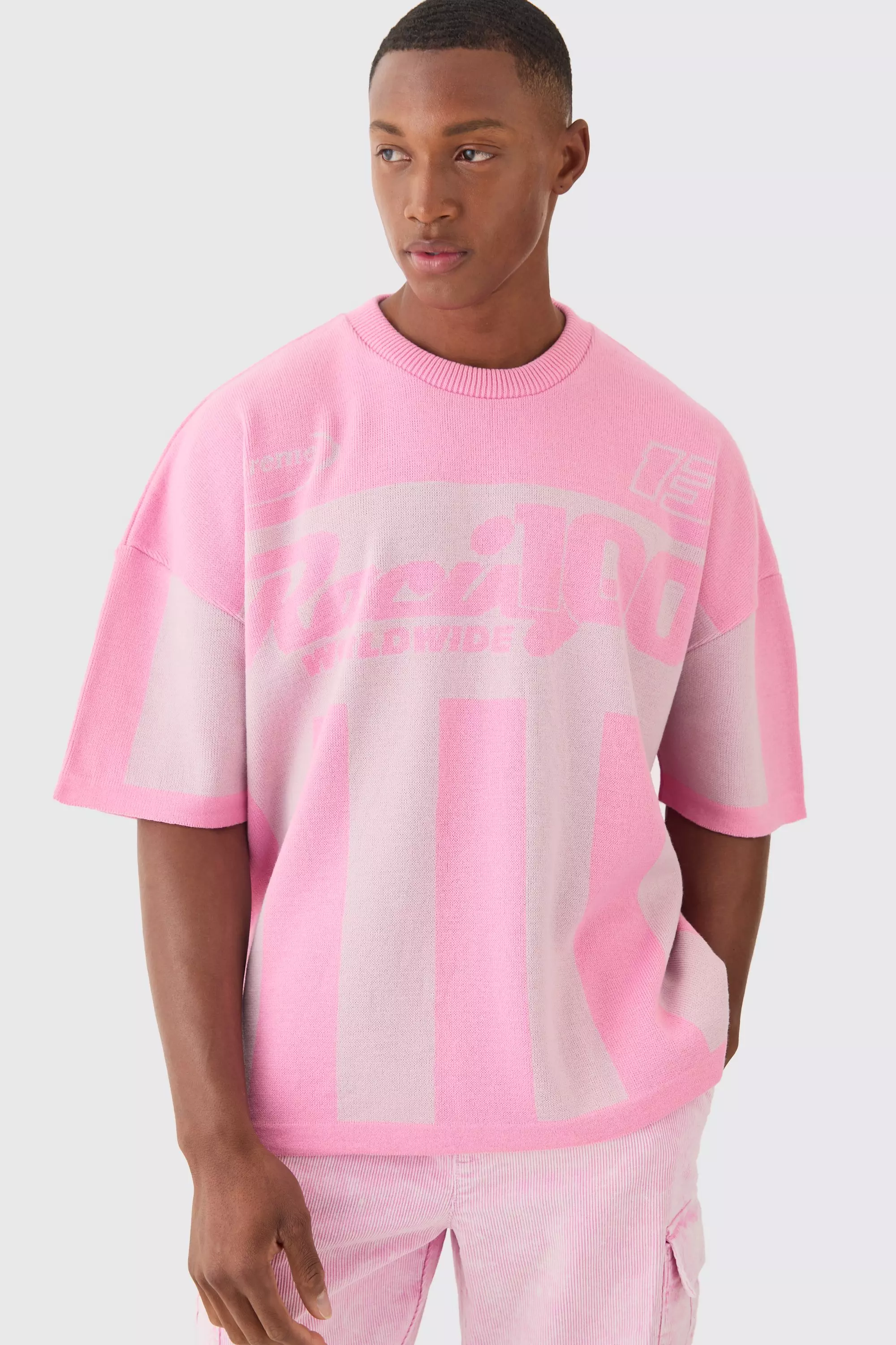 Oversized Moto Stripe Knitted T-shirt Pink