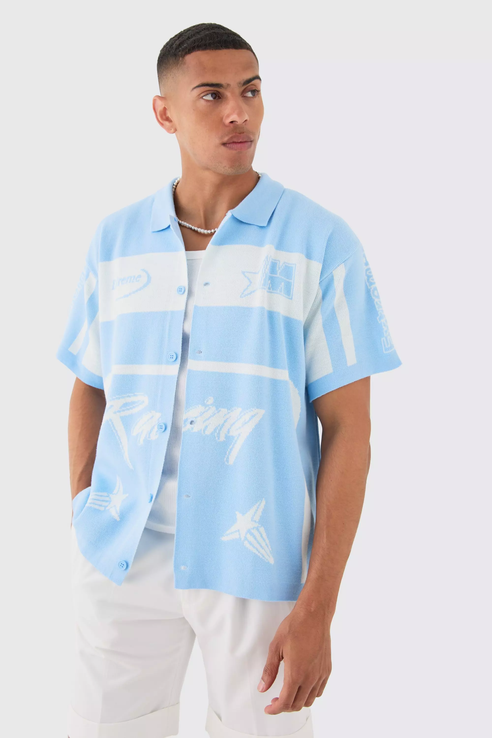 Oversized Boxy Fit Knitted Moto Shirt Light blue