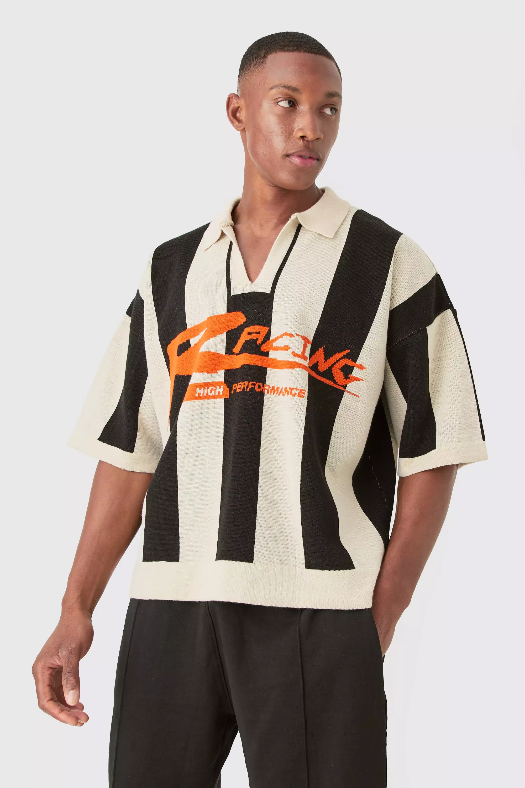 Boxy Moto Stripe Knitted Polo Black