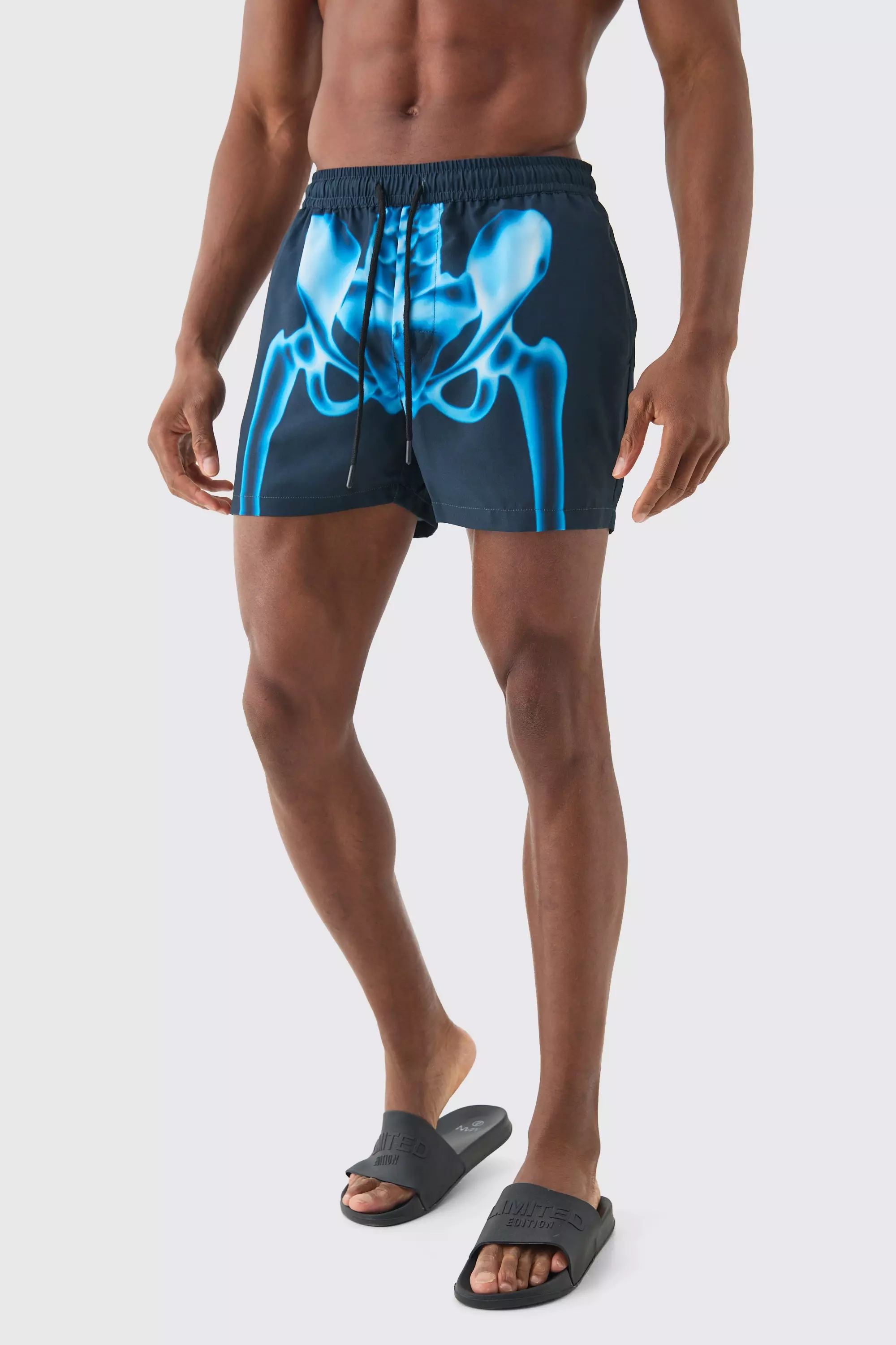 Short Length Skeleton Graphic Swim Trunks Black