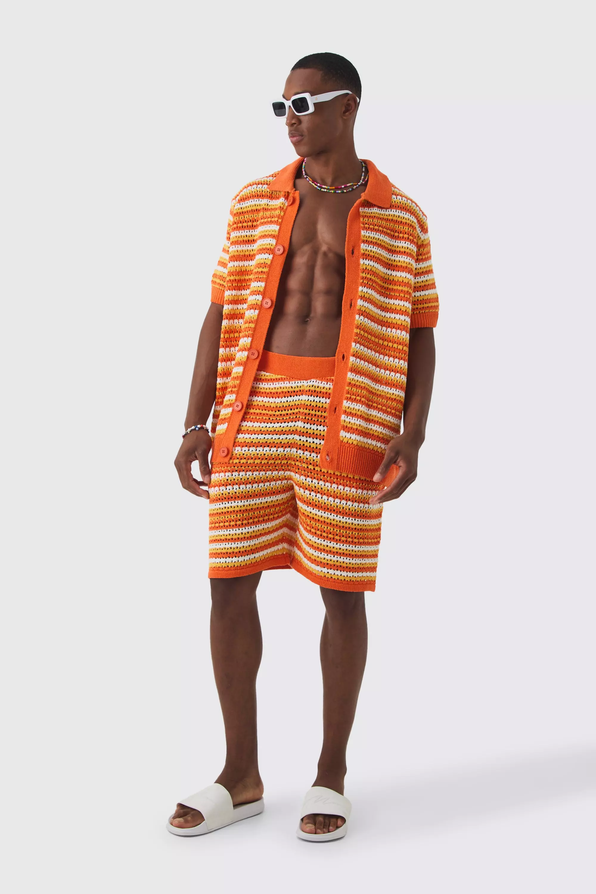 Orange Relaxed Mid Length Open Stitch Stripe Shirt & Short Set