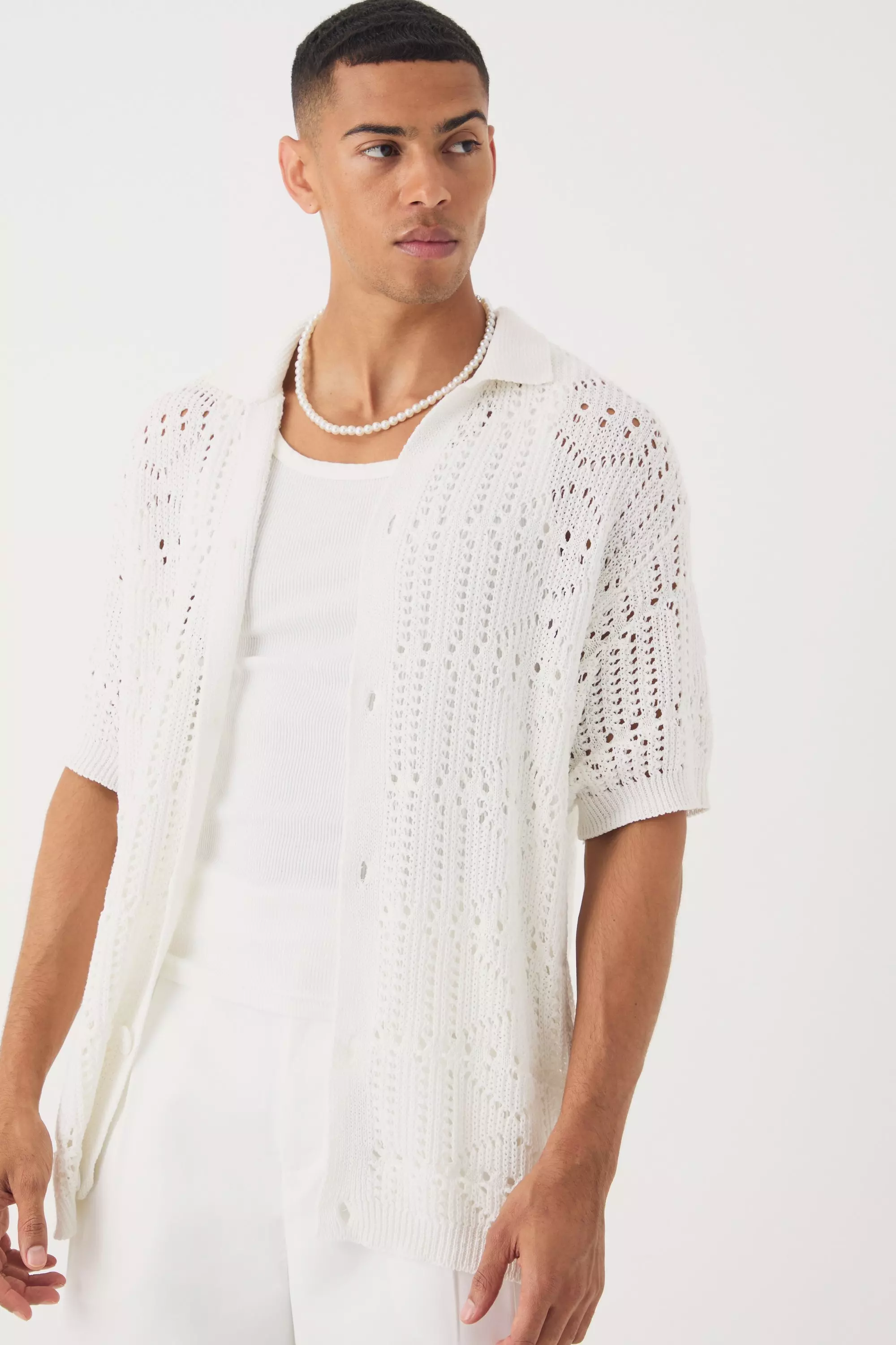 Oversized Boucle Textured Open Knit Shirt Stone