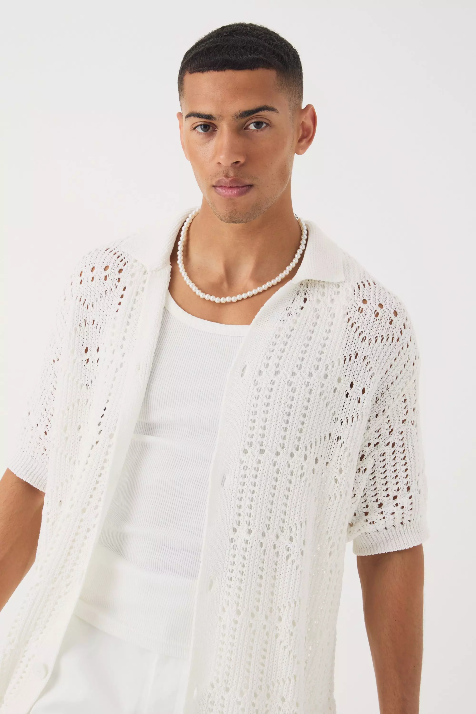 Stone Oversized Boucle Textured Open Knit Shirt alternative image
