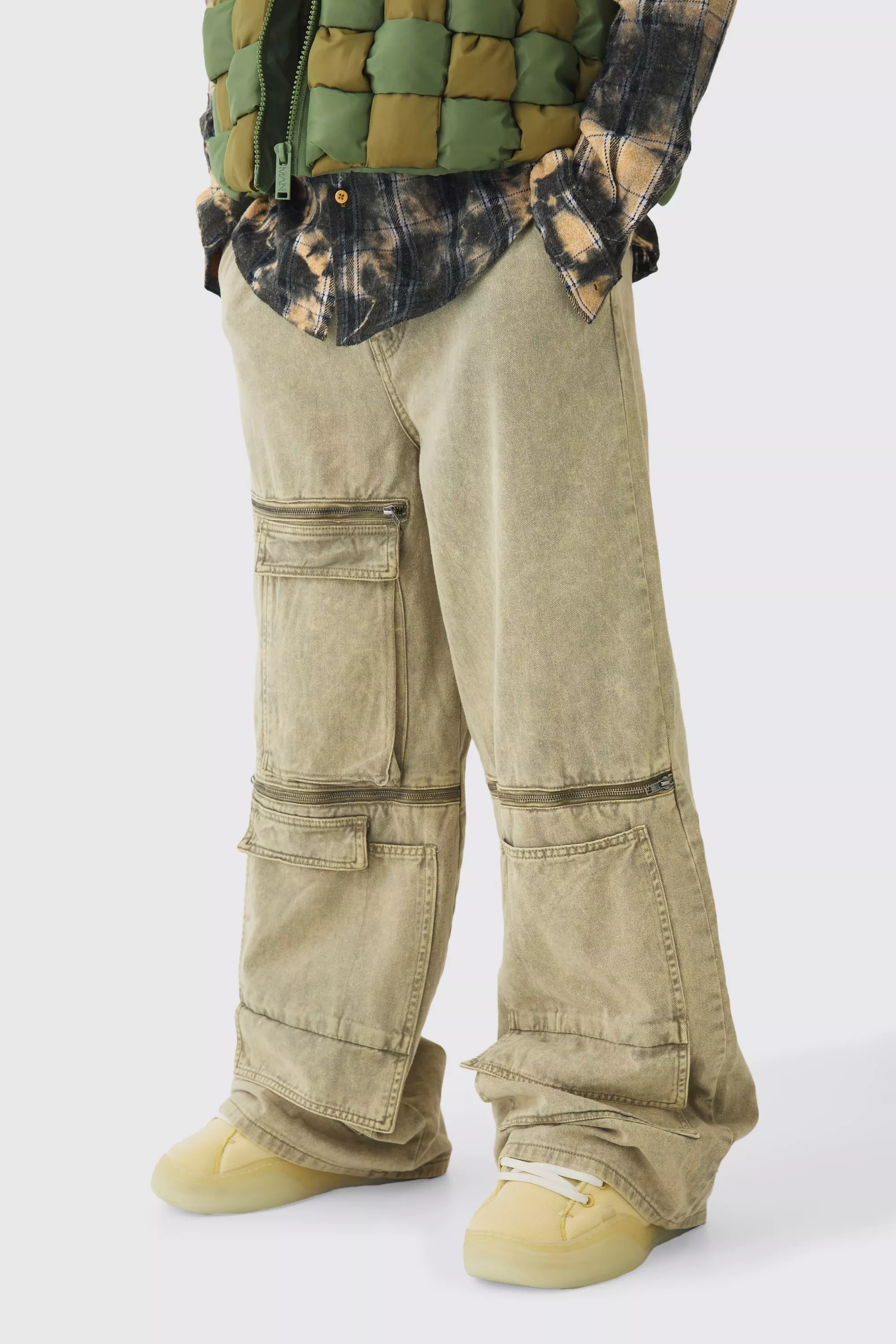 Fixed Waist Washed Baggy Extreme Cargo Pants Sage