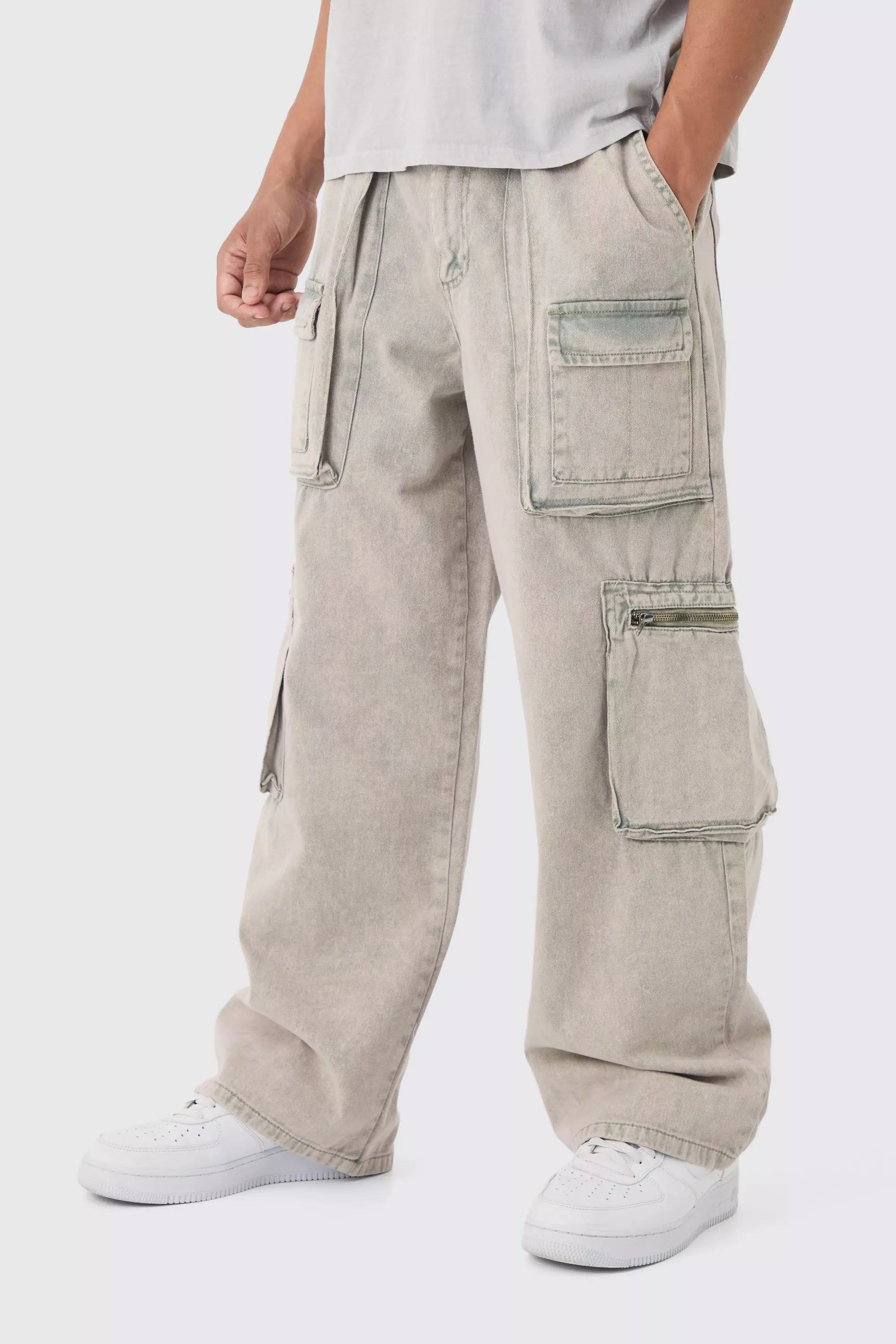 Khaki Elasticated Waist Washed Extreme Baggy Cargo Pants