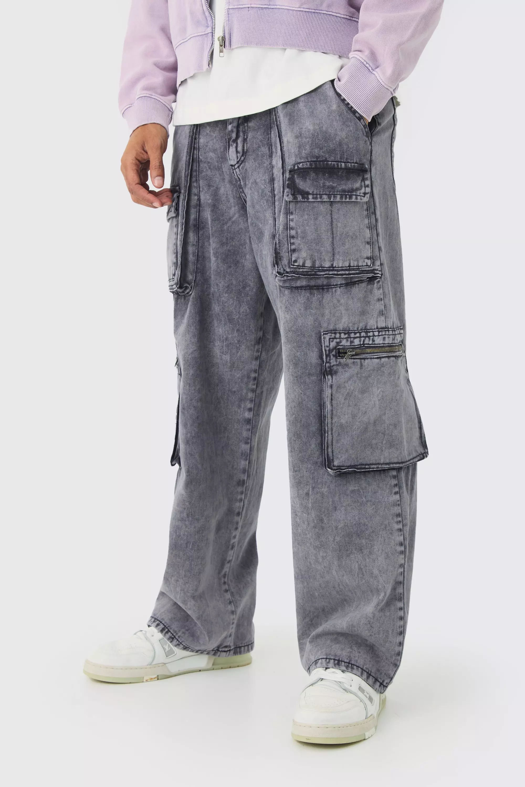 Fixed Waist Washed Baggy Cargo Pants Charcoal