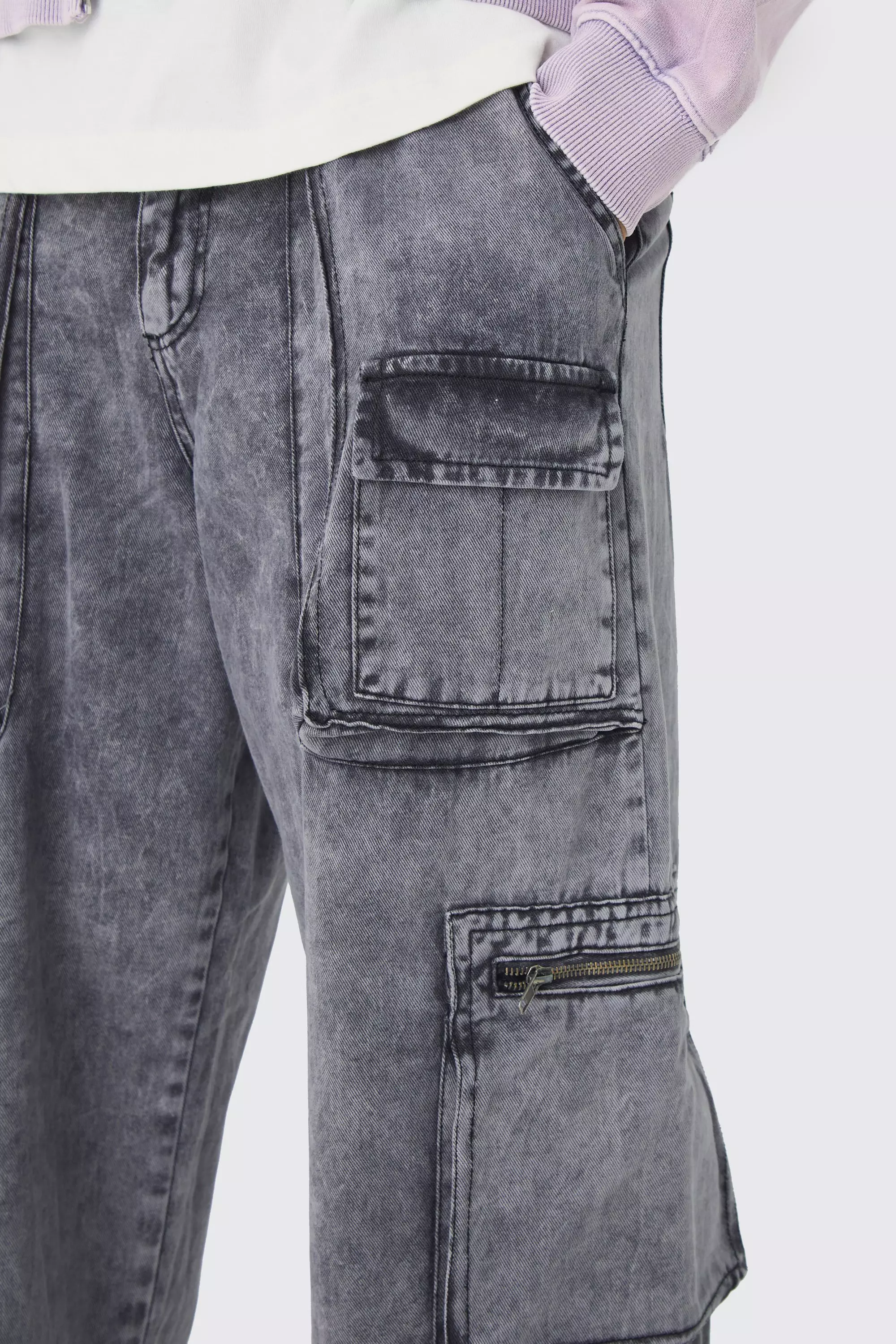 Charcoal Fixed Waist Acid Washed Baggy Cargo Trouser alternative image