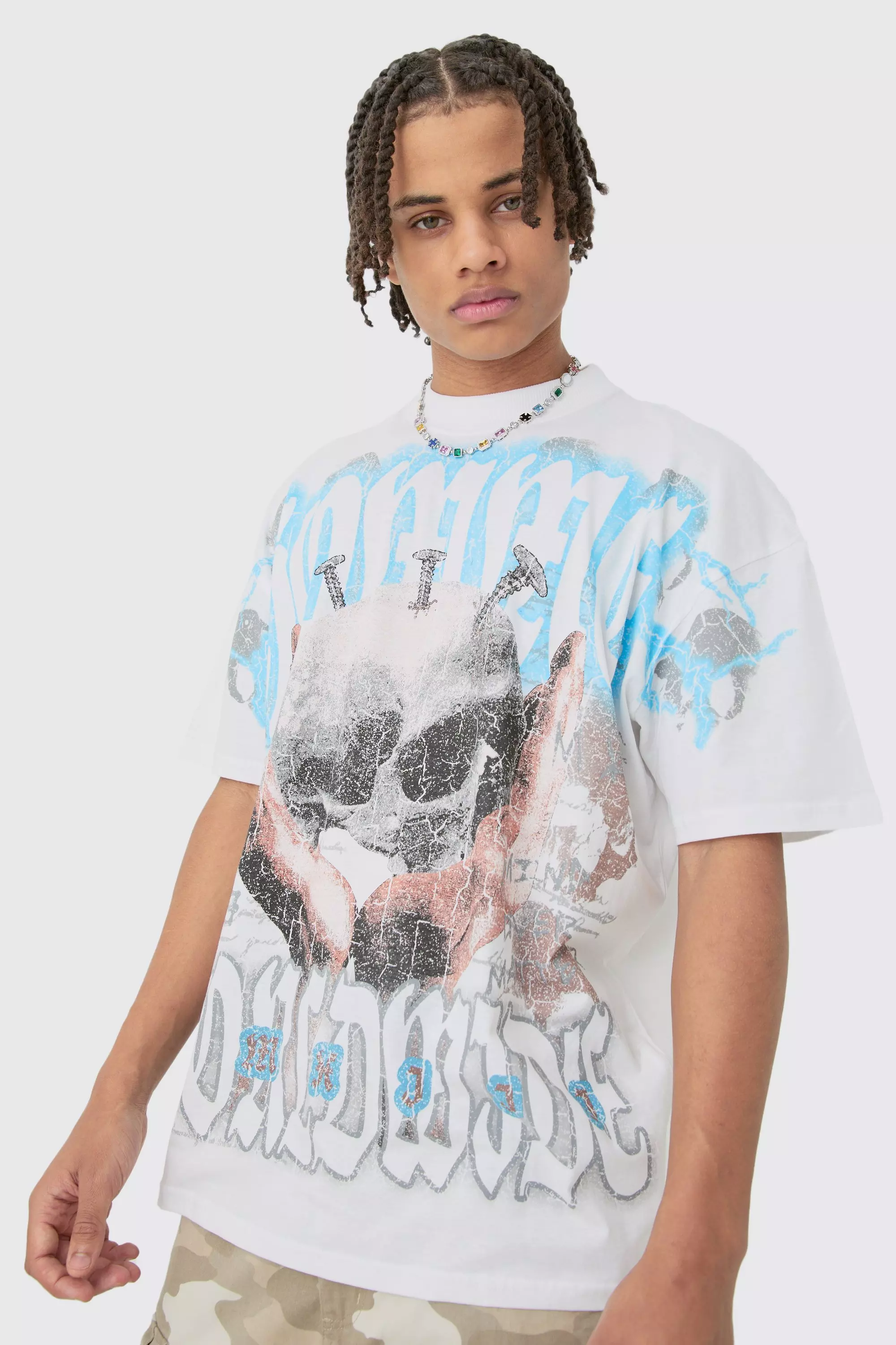 White Oversized Skull Over Seams Graphic T-shirt