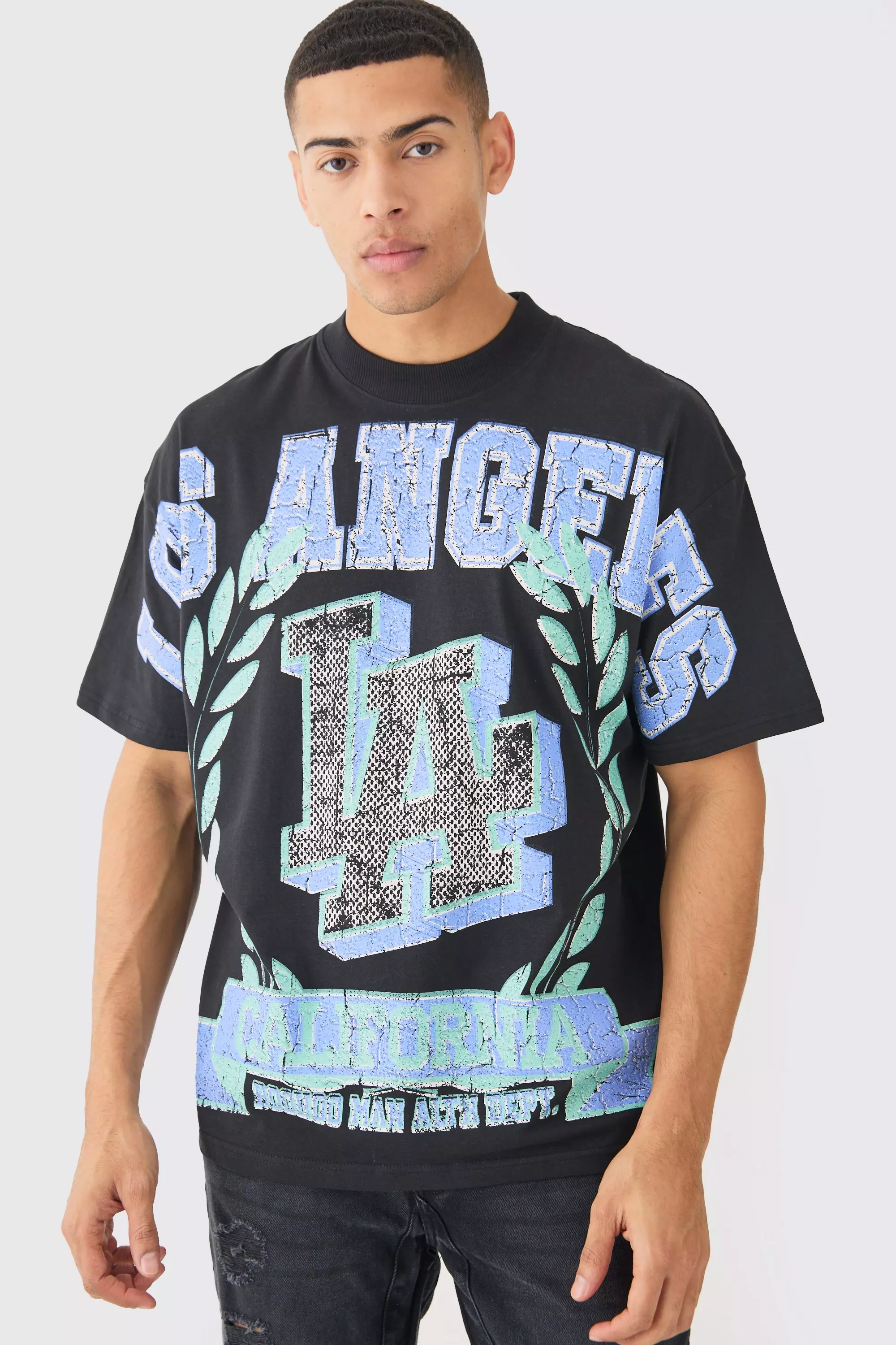 Black Oversized Over Seams Varsity LA Graphic T-shirt