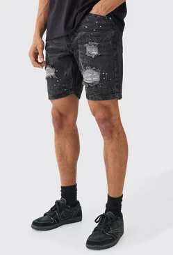 Black Relaxed Fit Ripped Crinkle Denim Shorts In Black