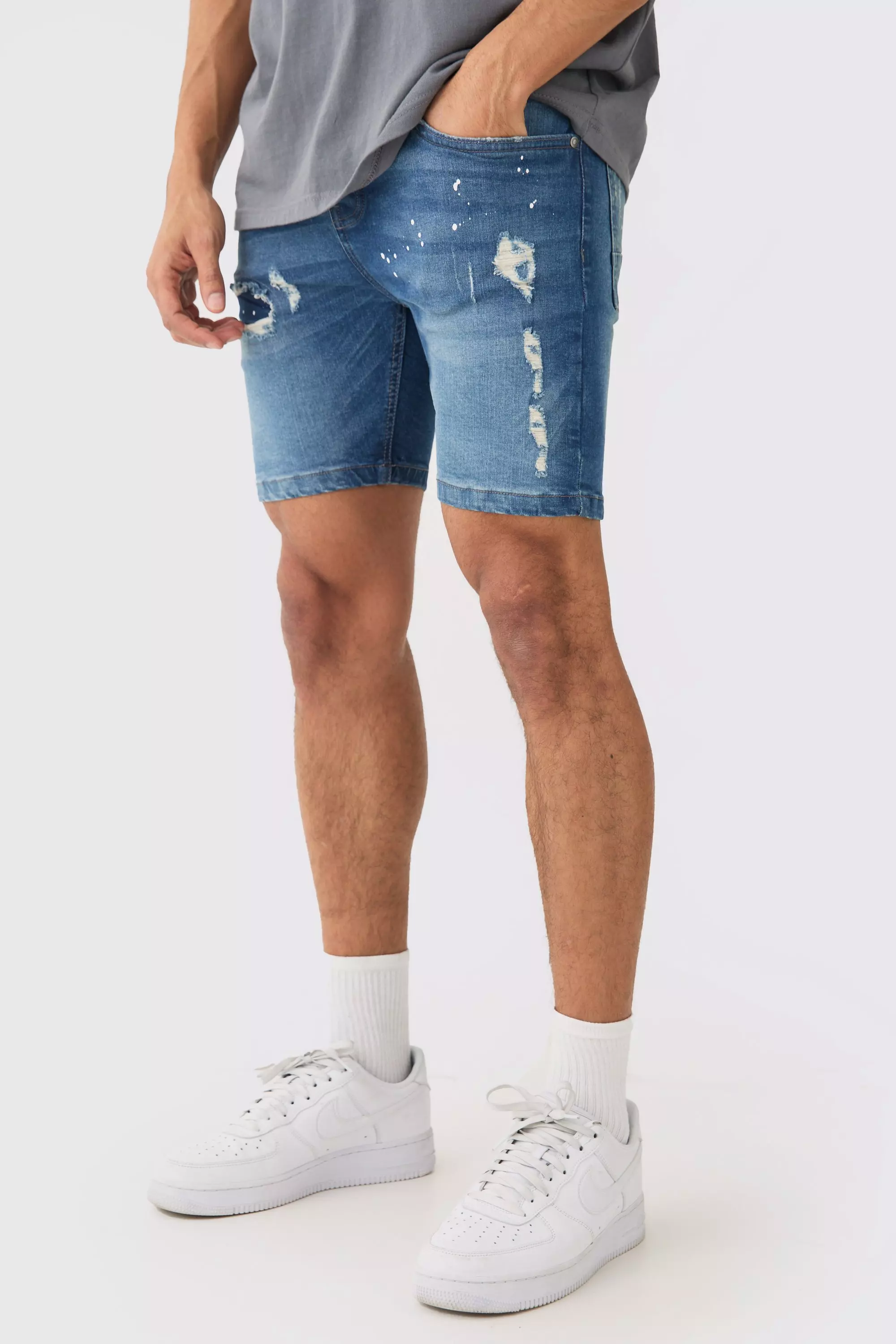 Relaxed Fit Ripped Denim Shorts In Blue Wash Mid blue