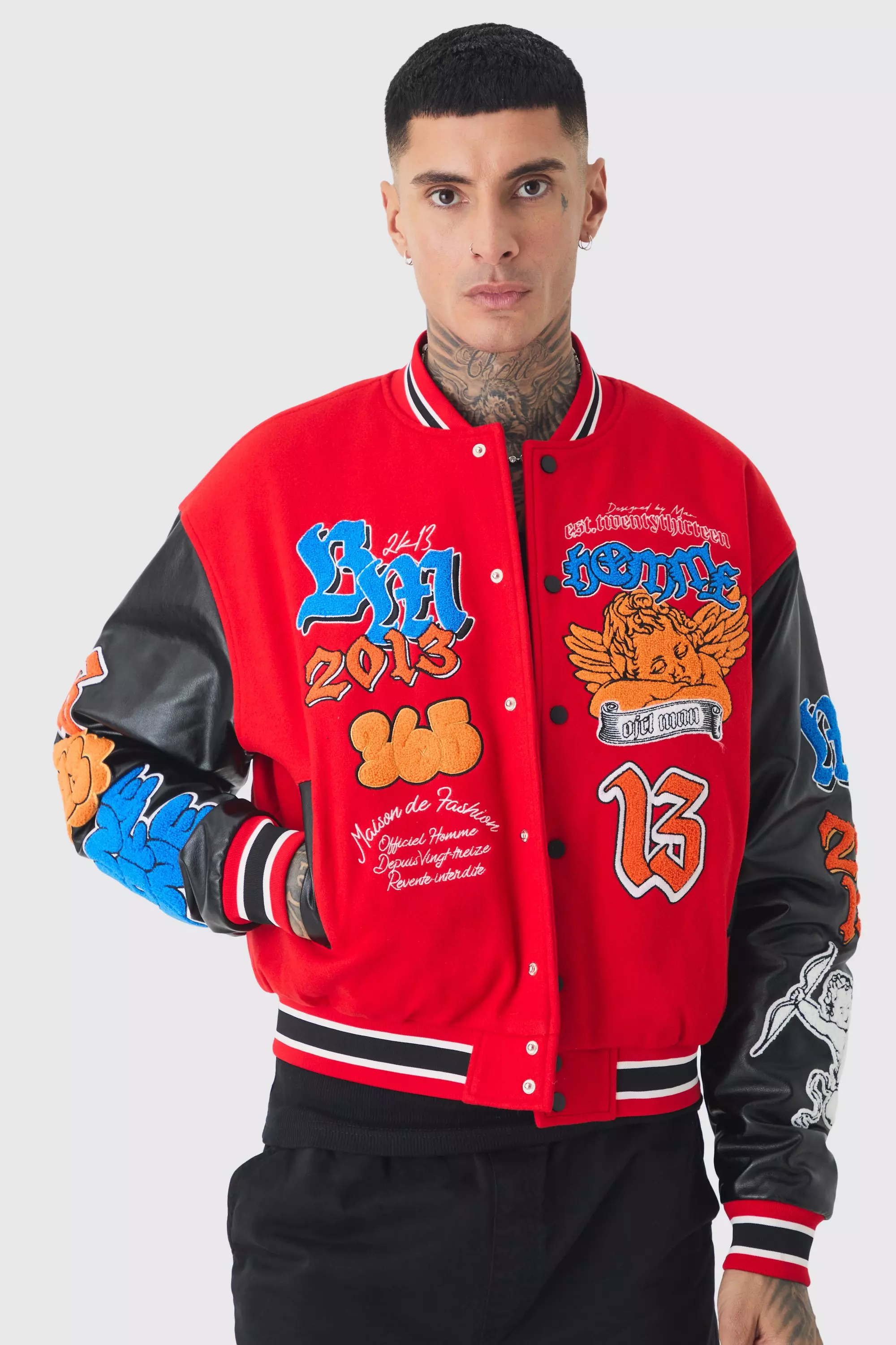 Tall Boxy Homme Badge PU Sleeve Varsity Jacket In Red Red