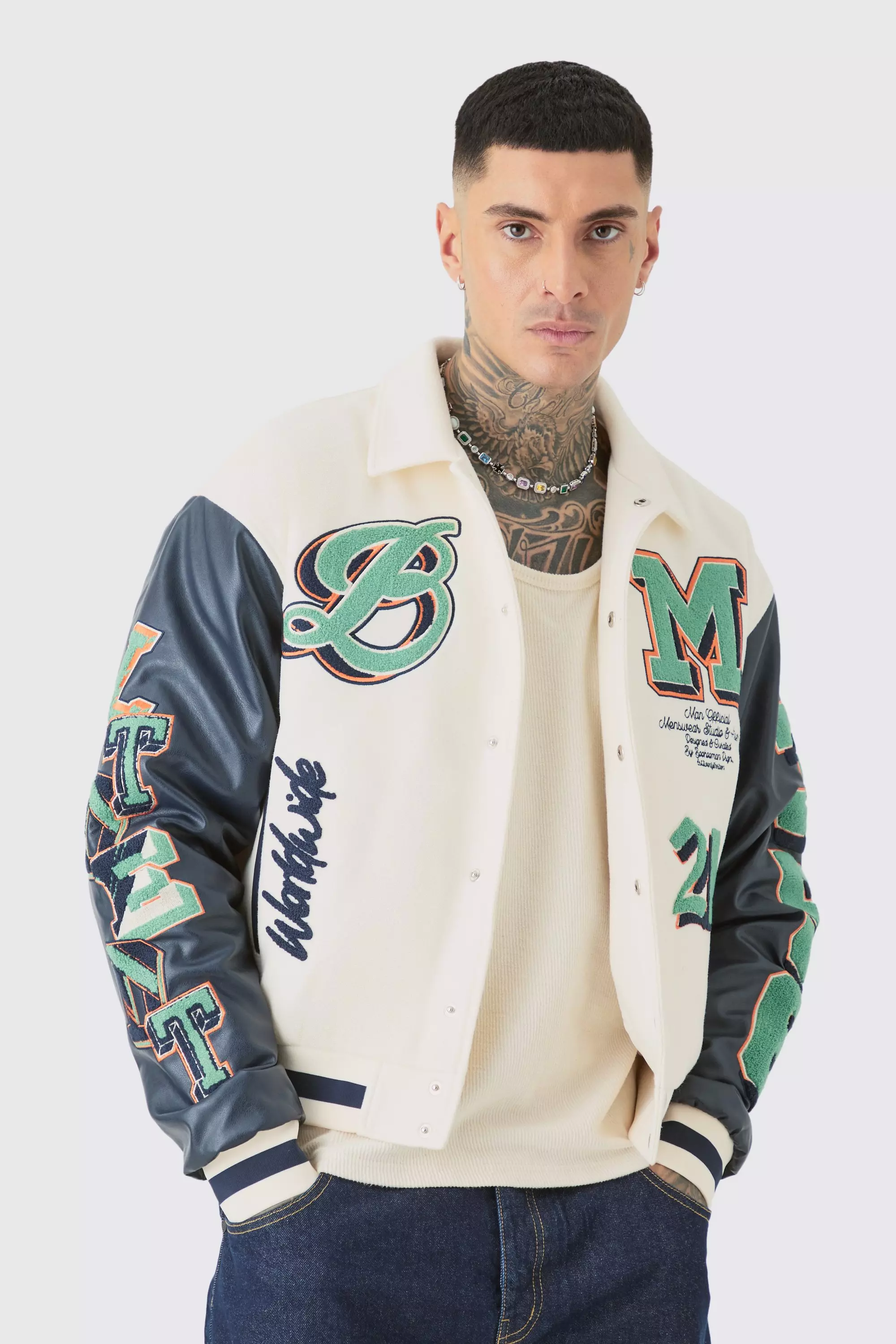 Tall Boxy BM Badge Collared Varsity Jacket In Ecru Ecru