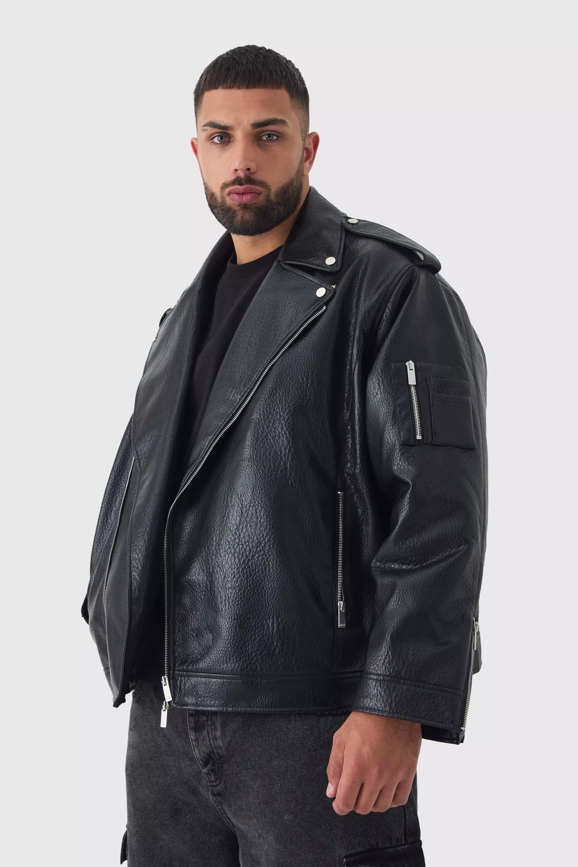 Plus Extreme Oversized Textured PU Biker Jacket In Black Black