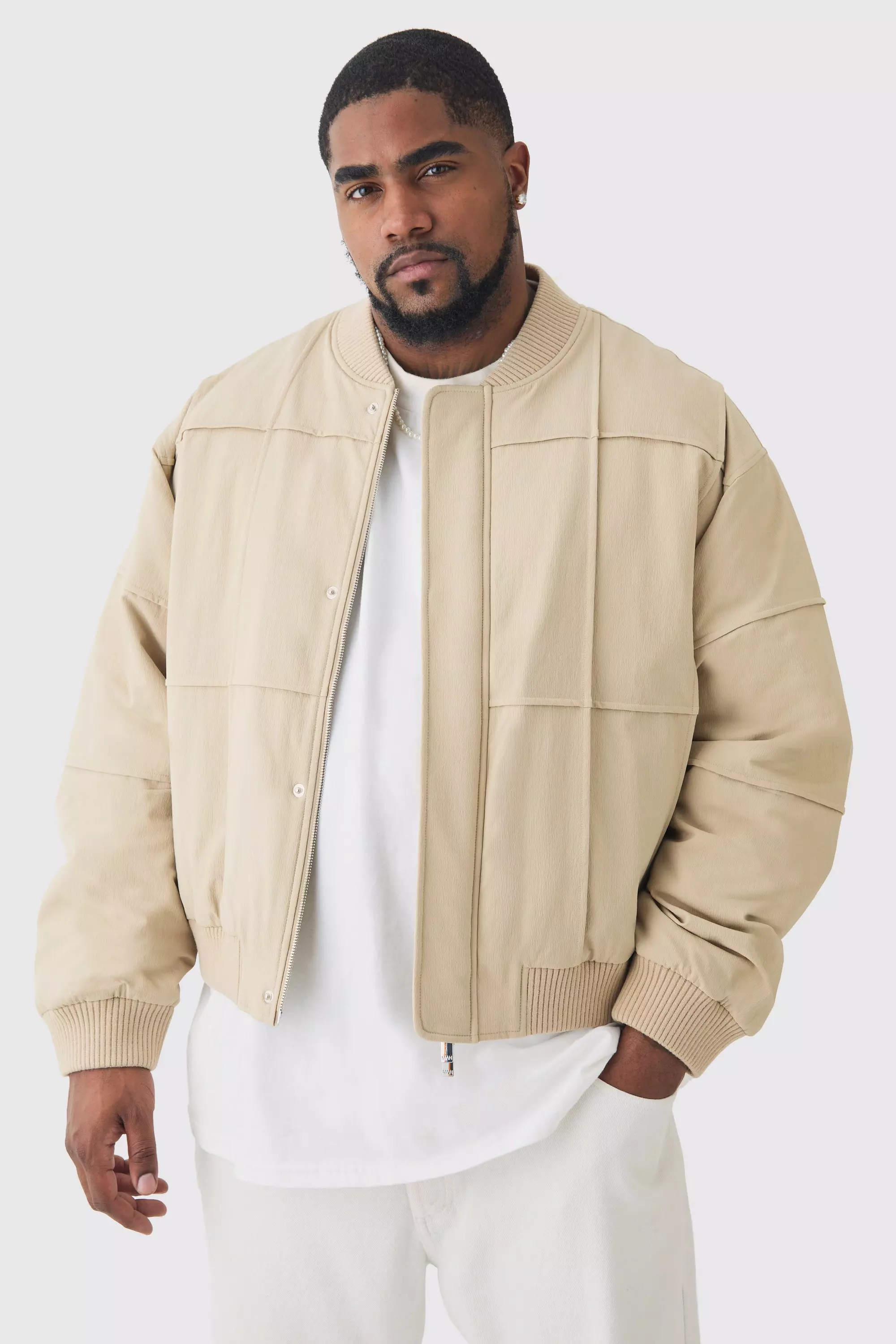 Plus Boxy Panel Padded Nylon Bomber Jacket In Stone Stone