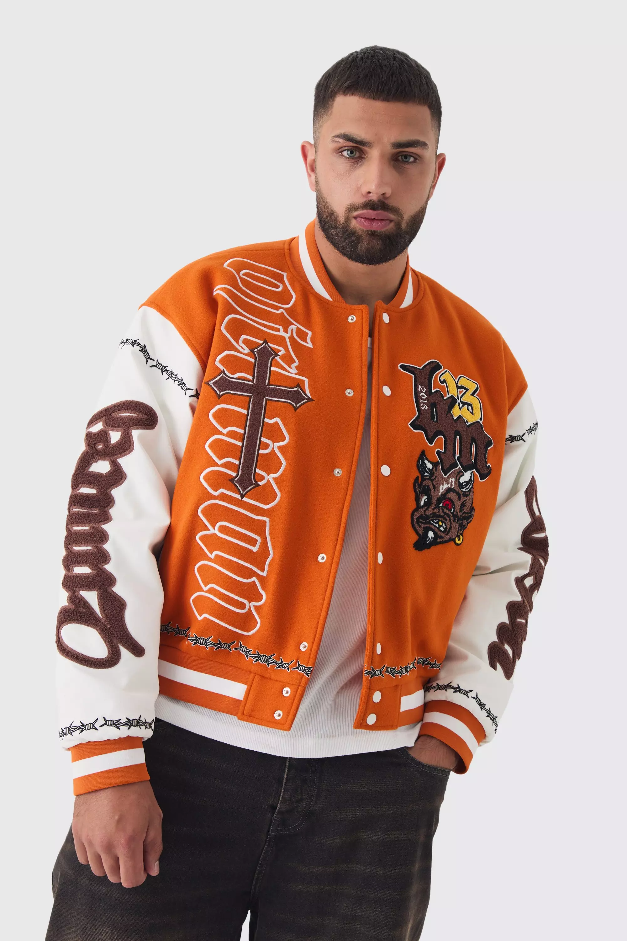 Plus Boxy Limited Badge PU Sleeve Varsity Jacket In Orange Orange