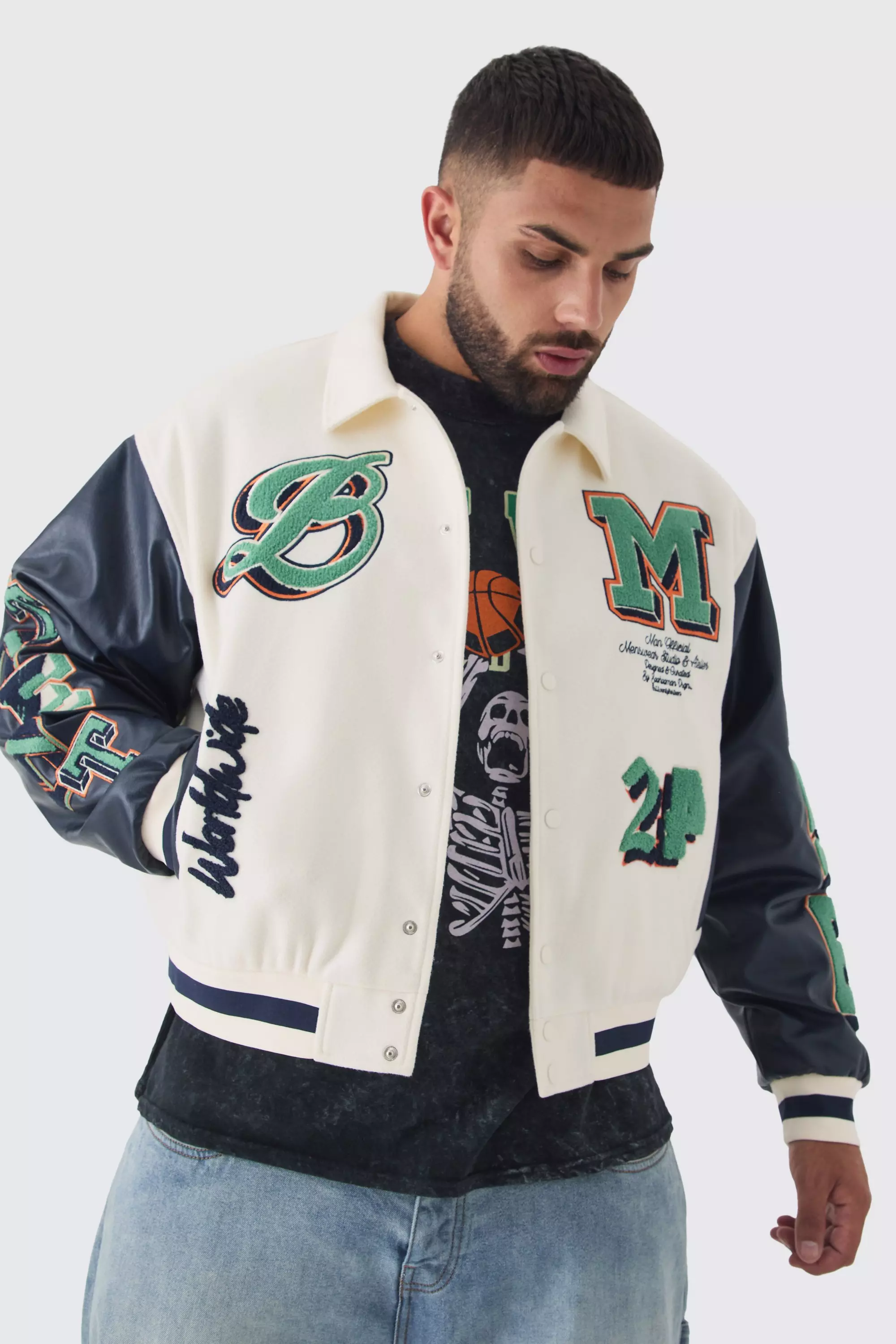 Plus Boxy BM Badge Collared Varsity Jacket In Ecru Ecru