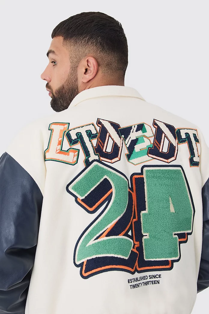 Plus Boxy BM Badge Collared Varsity Jacket In Ecru Plus Boxy BM Badge Collared Varsity Jacket In Ecru
