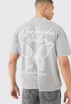 Grey Oversized Butterfly Graphic Washed T-shirt
