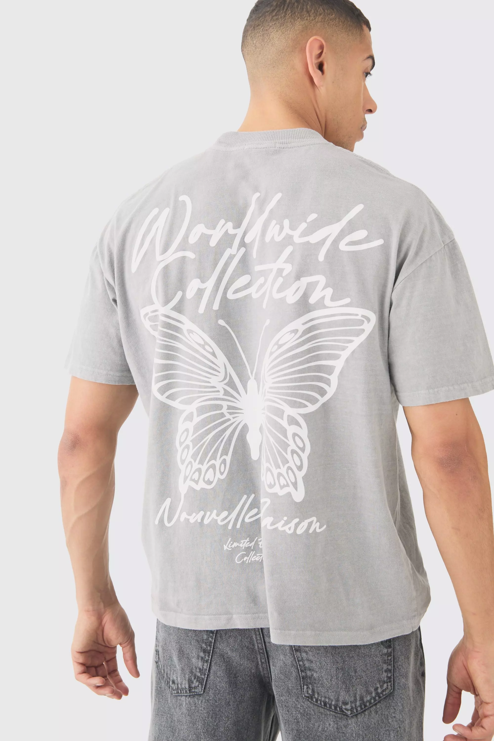 Oversized Butterfly Graphic Washed T-shirt Grey