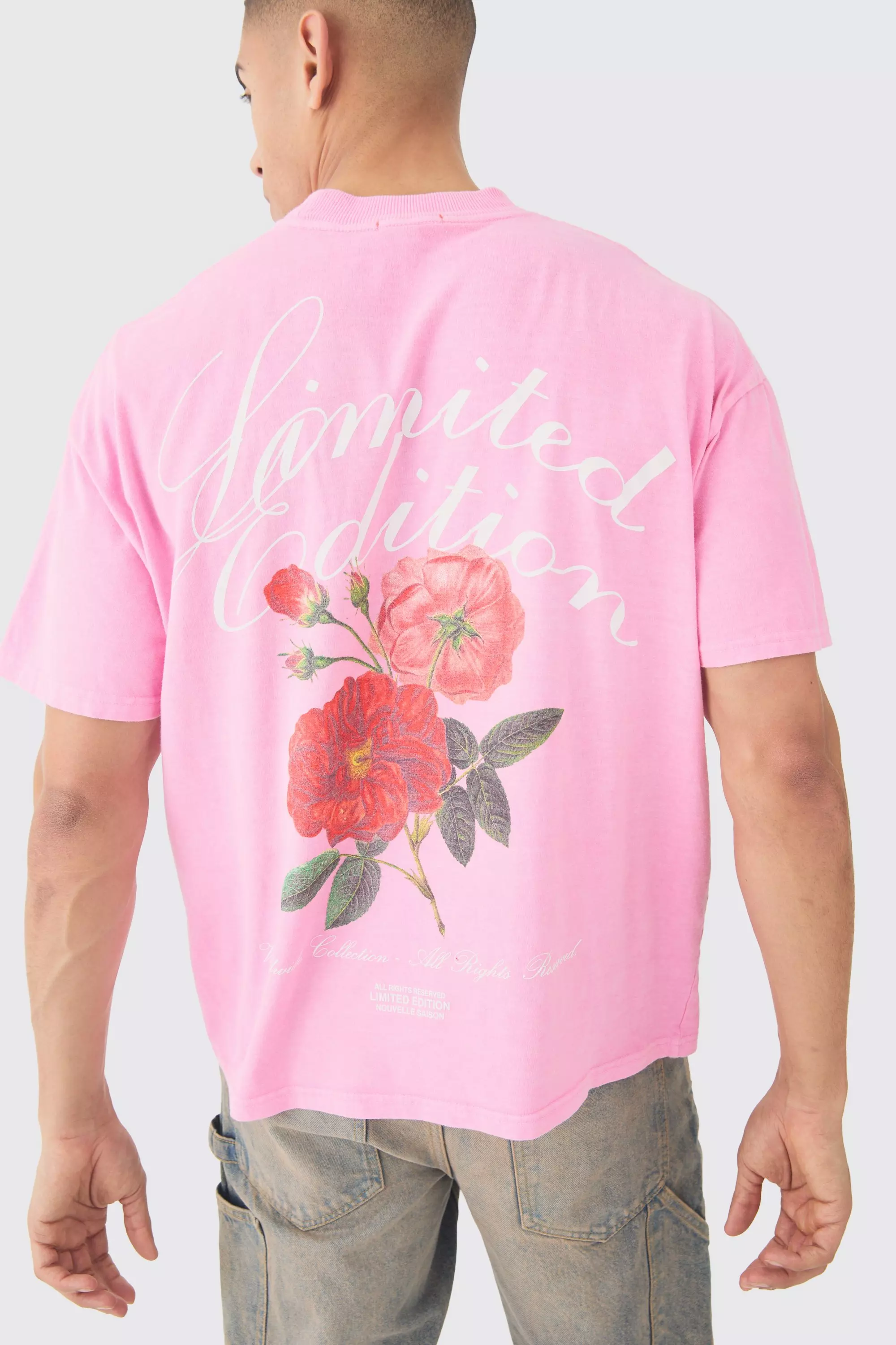 Oversized Washed Floral Graphic T-shirt Light pink