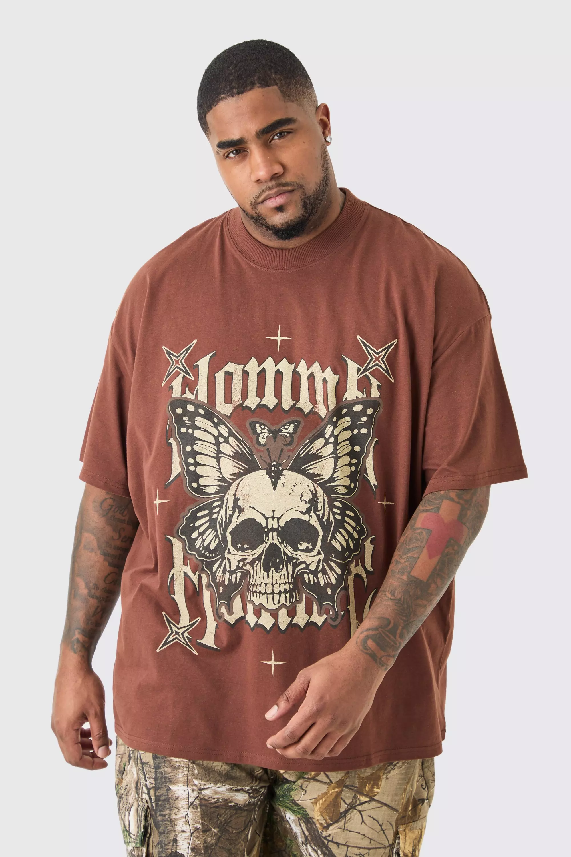 Brown Plus Oversized Homme Skull Graphic T-shirt In Chocolate