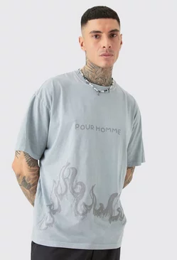 Grey Tall Oversized Pour Homme Printed T-shirt In Grey