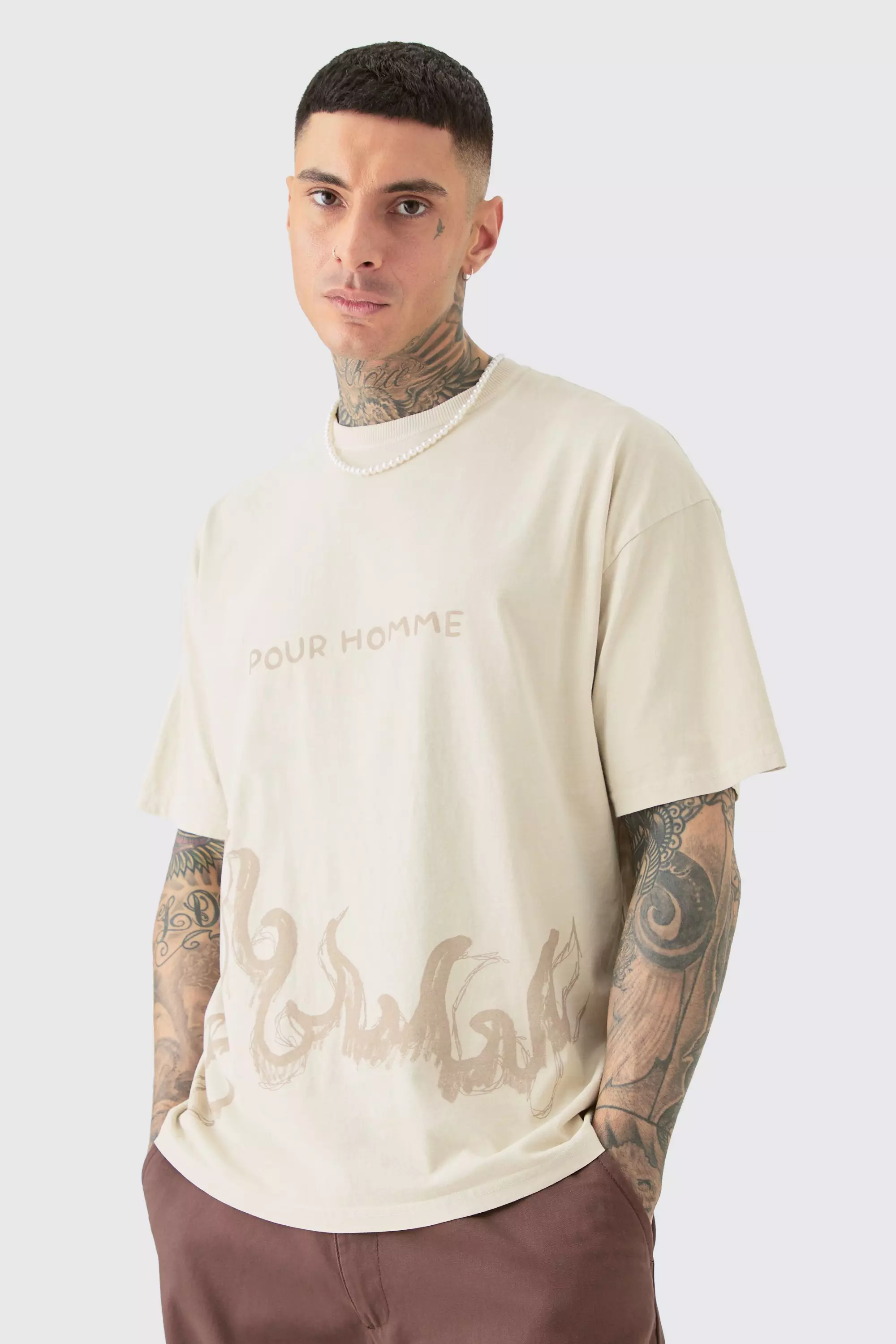 Beige Tall Oversized Pour Homme Printed T-shirt In Stone