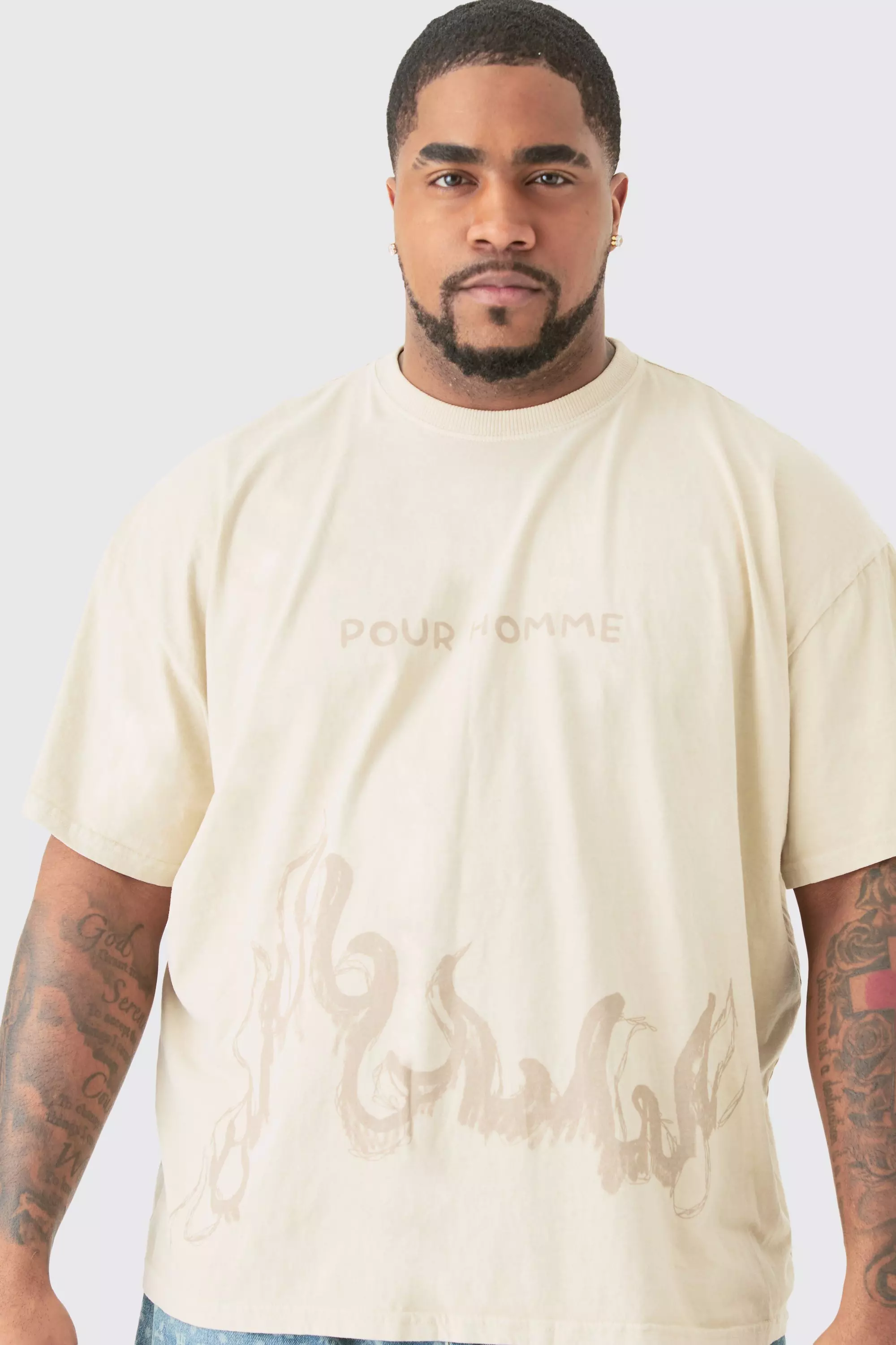 Plus Oversized Pour Homme Printed T-shirt In Stone Stone
