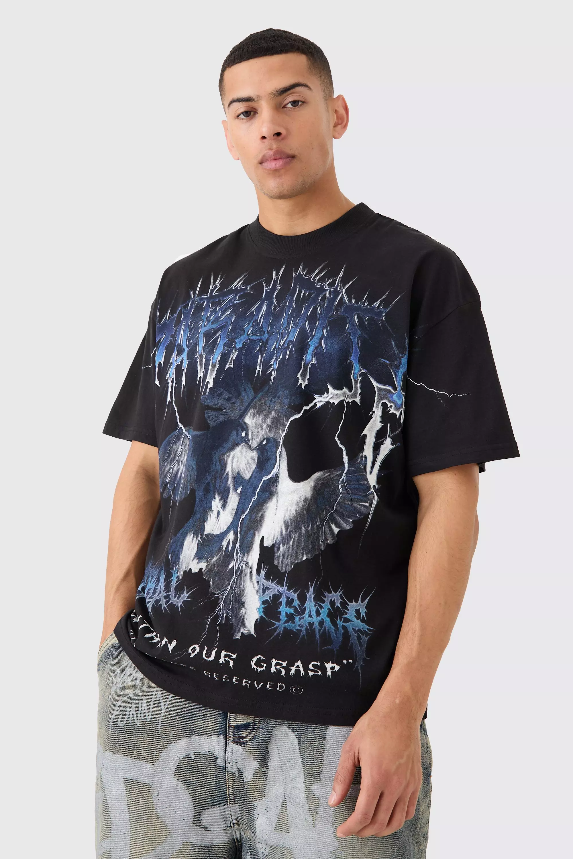 Black Oversized Over Seams Gothic Dove Graphic T-shirt