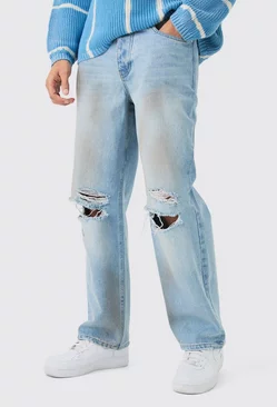 Blue Baggy Rigid Ripped Knee Dirty Wash Jeans In Light Blue