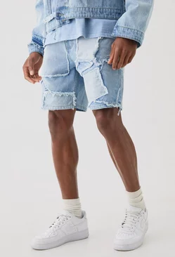 Blue Distressed Patchwork Relaxed Denim Short In Light Blue