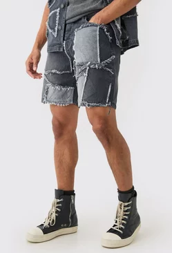 Grey Distressed Patchwork Relaxed Denim Short In Charcoal