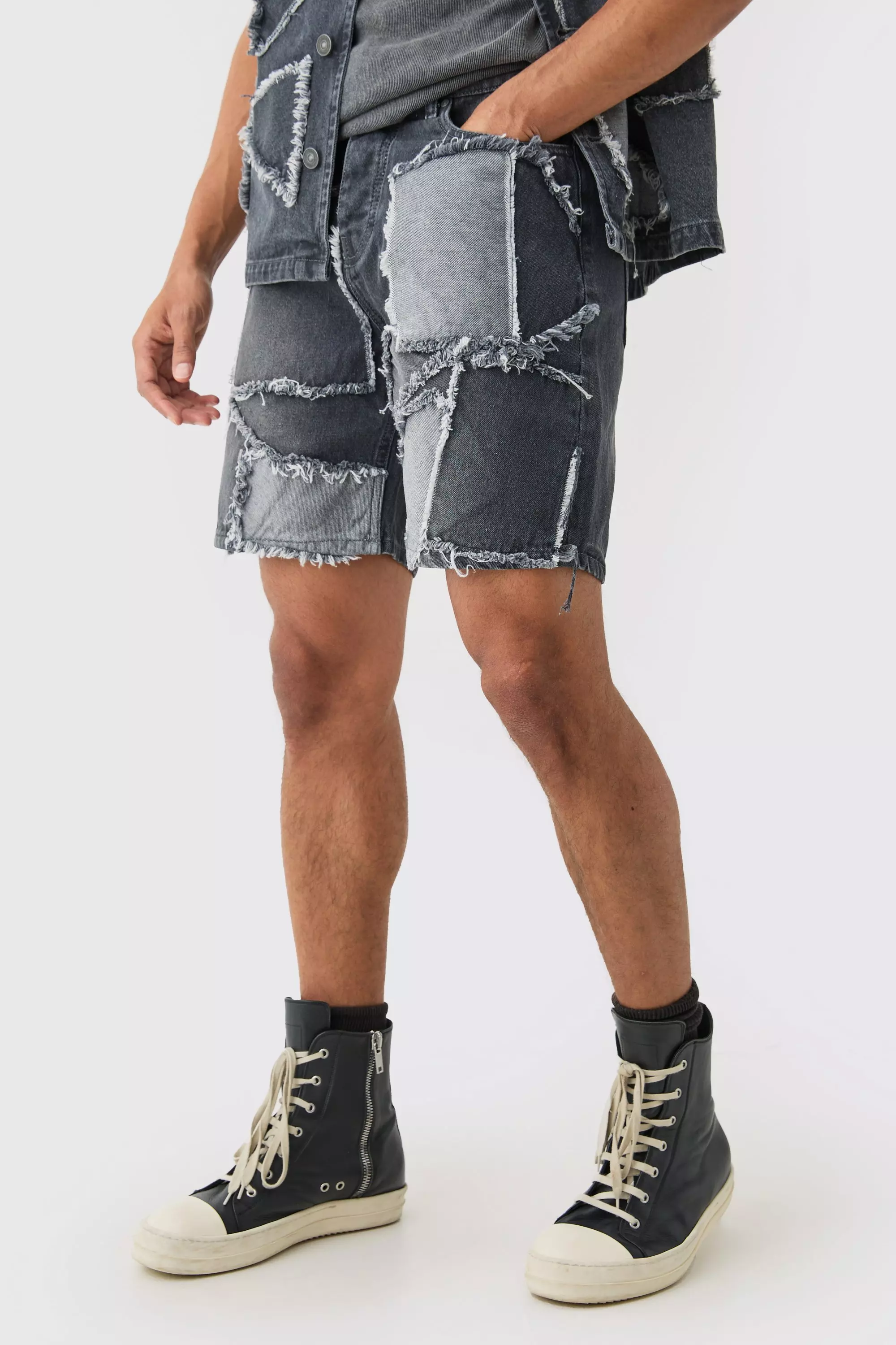 Grey Distressed Patchwork Relaxed Denim Short In Charcoal