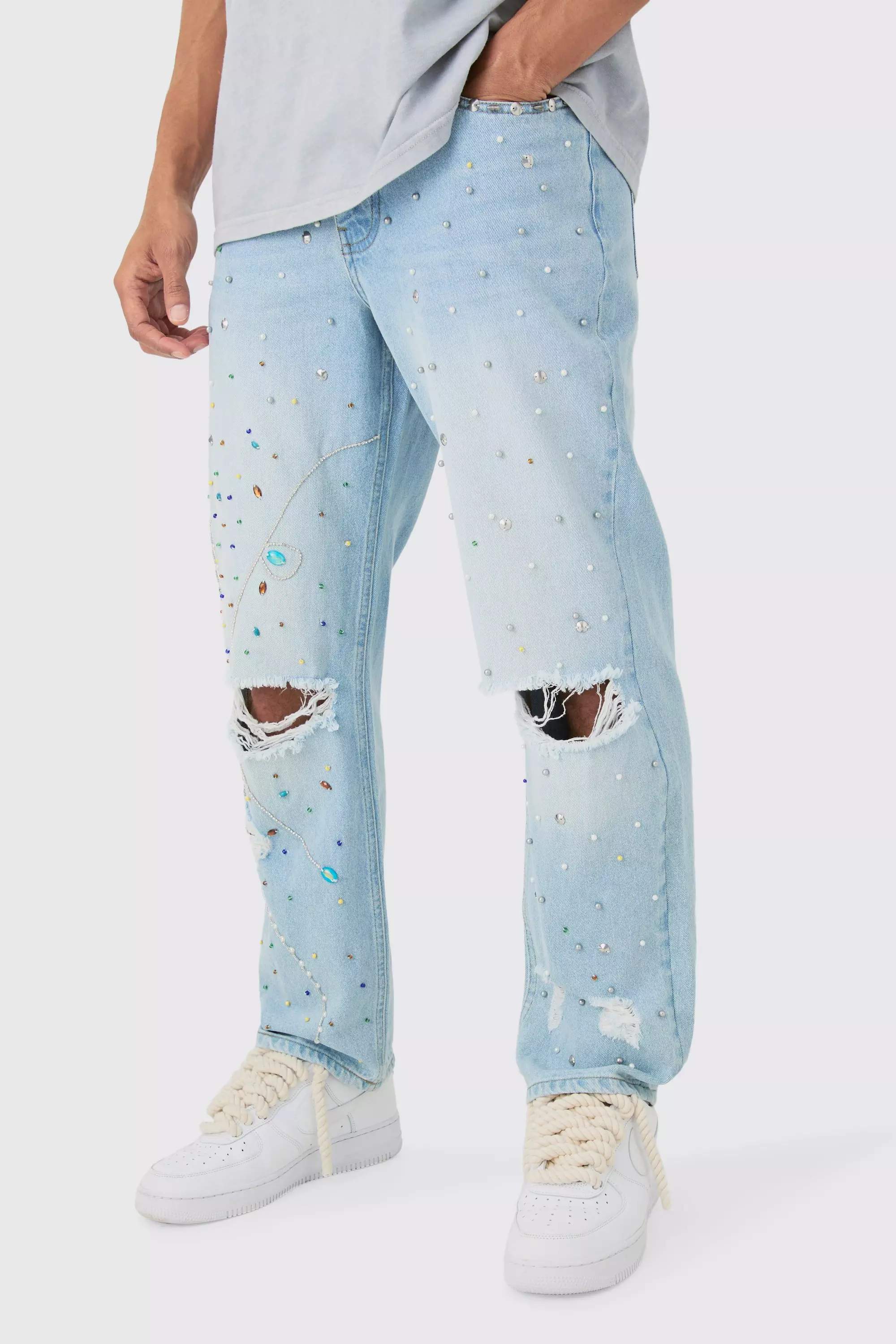 Blue Relaxed Rigid Embellished Jeans In Light Blue