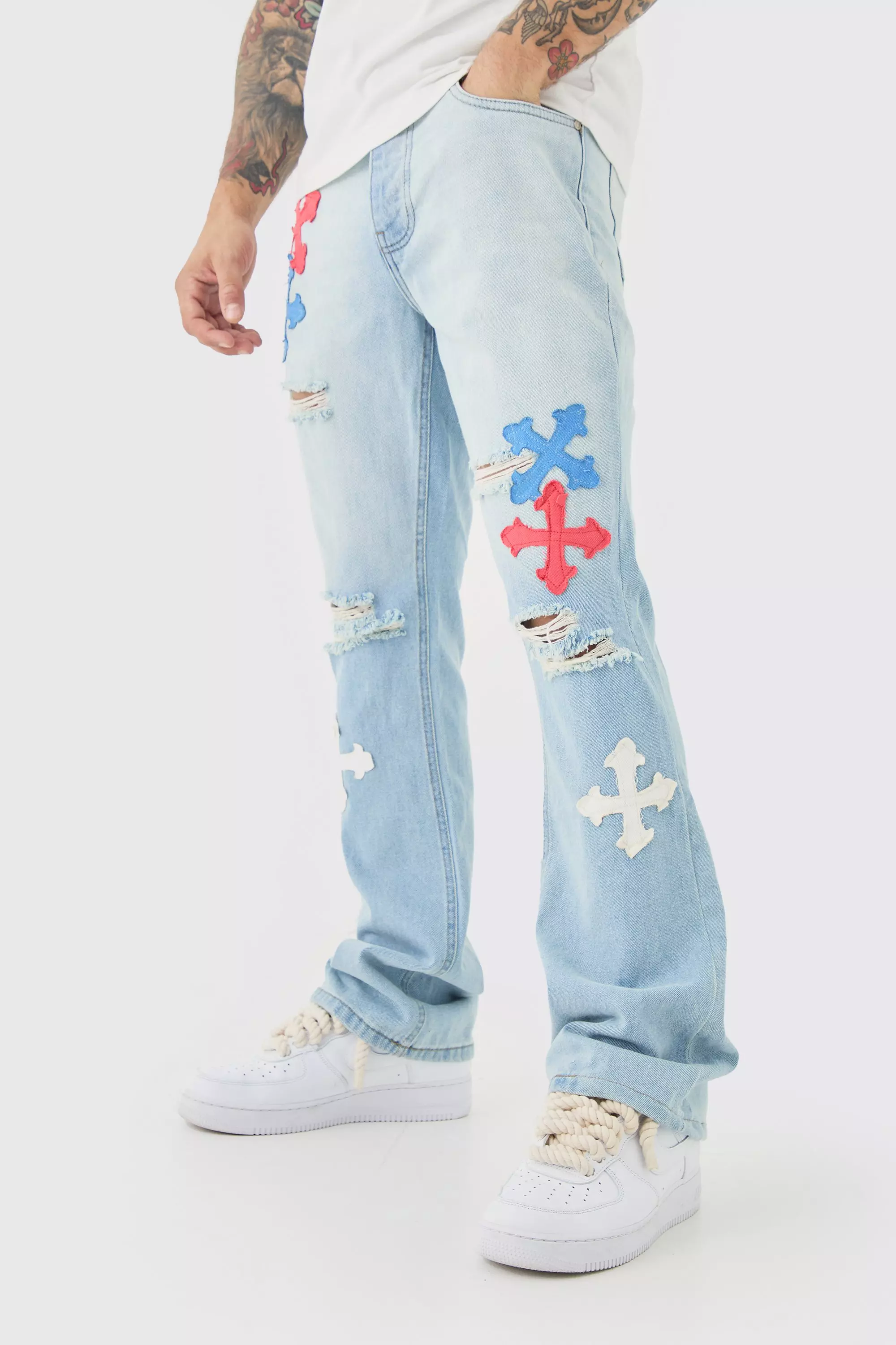 Slim Rigid Flare Applique Jeans In Ice Blue Ice blue