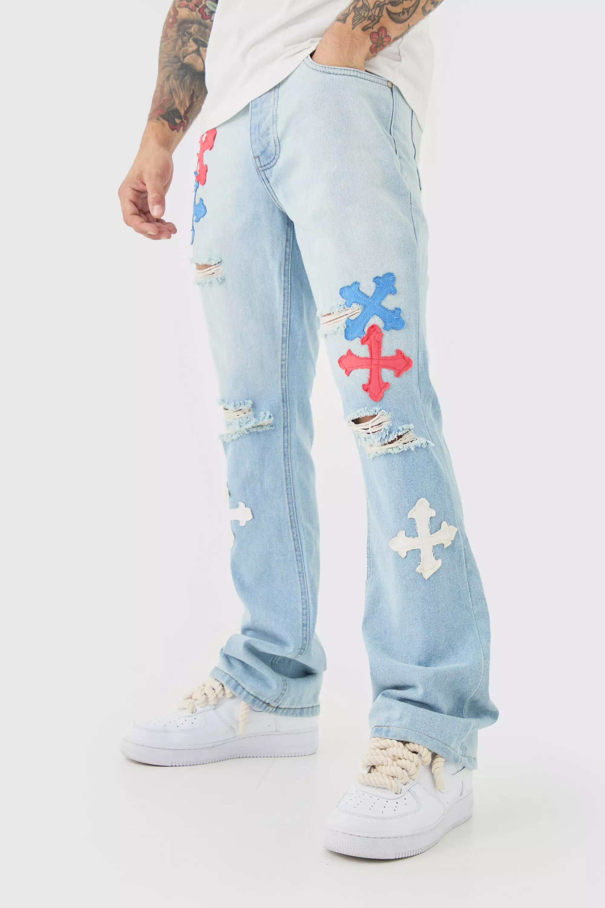 Slim Rigid Flare Applique Panelled Jeans In Ice Blue Ice blue